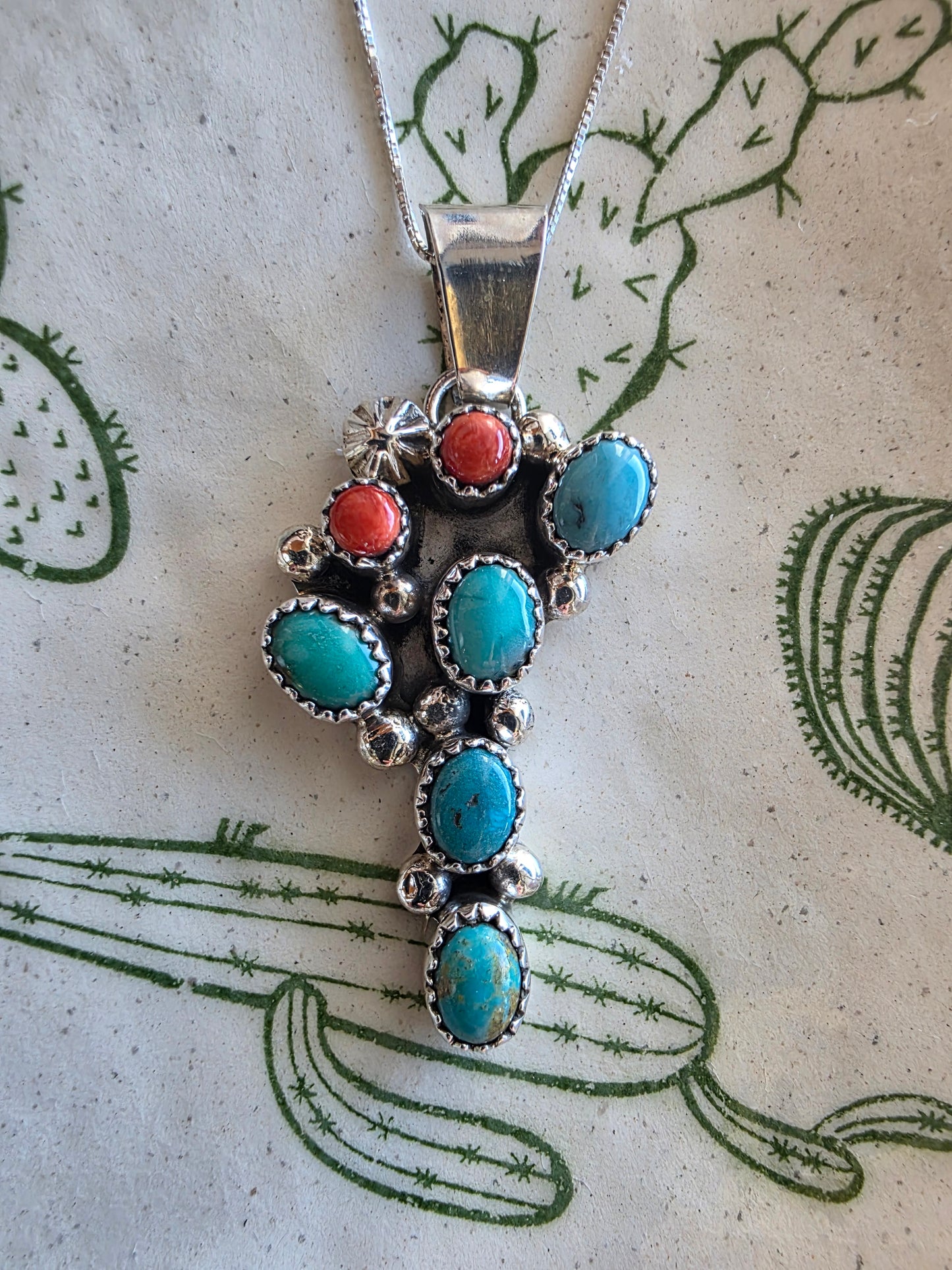 Prickly Pear Kingman Turquoise and Spiny Oyster Cactus Pendant Necklace