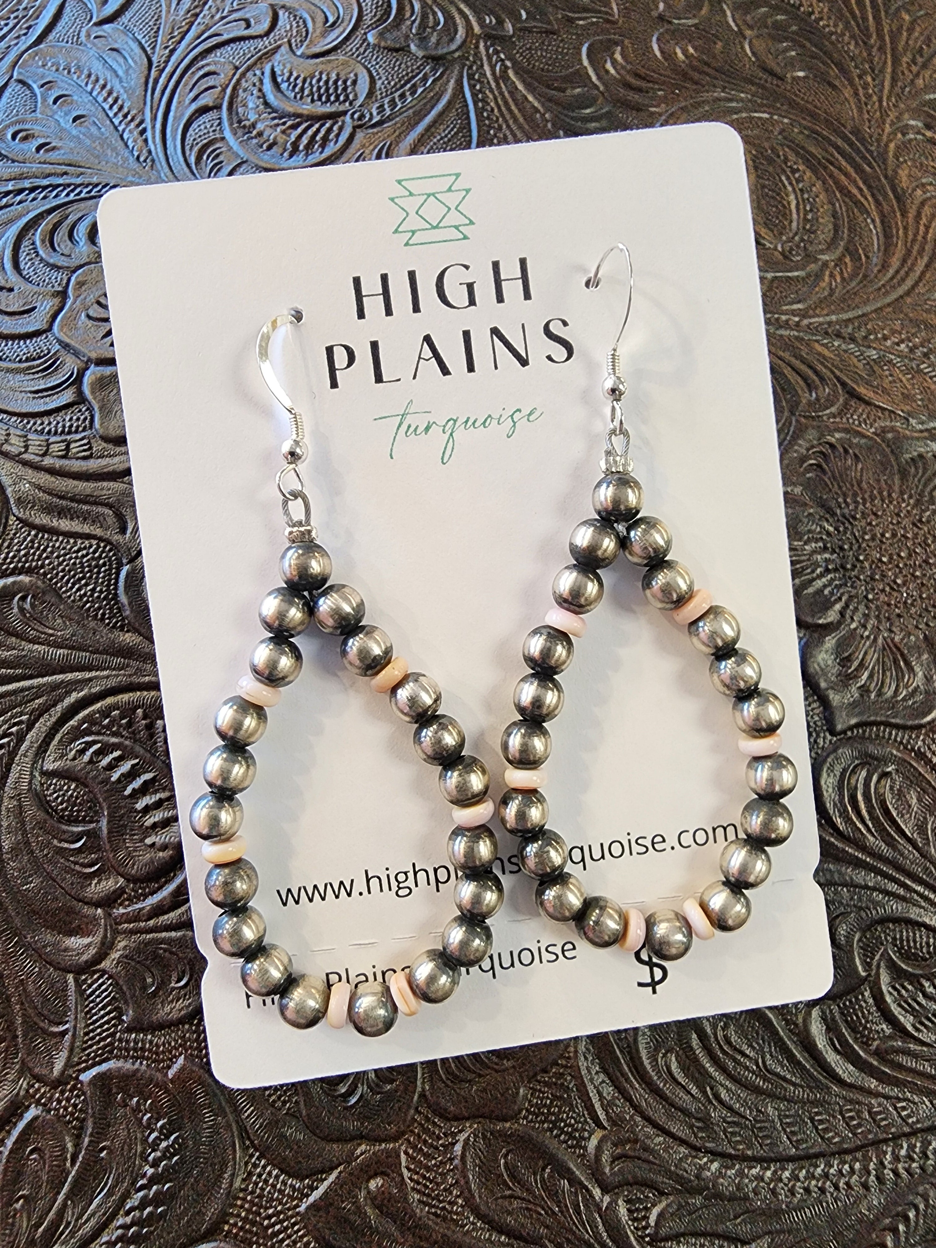 Sterling Silver Beaded Earrings w/Pink Conch Accents – High Plains Turquoise Cheyenne