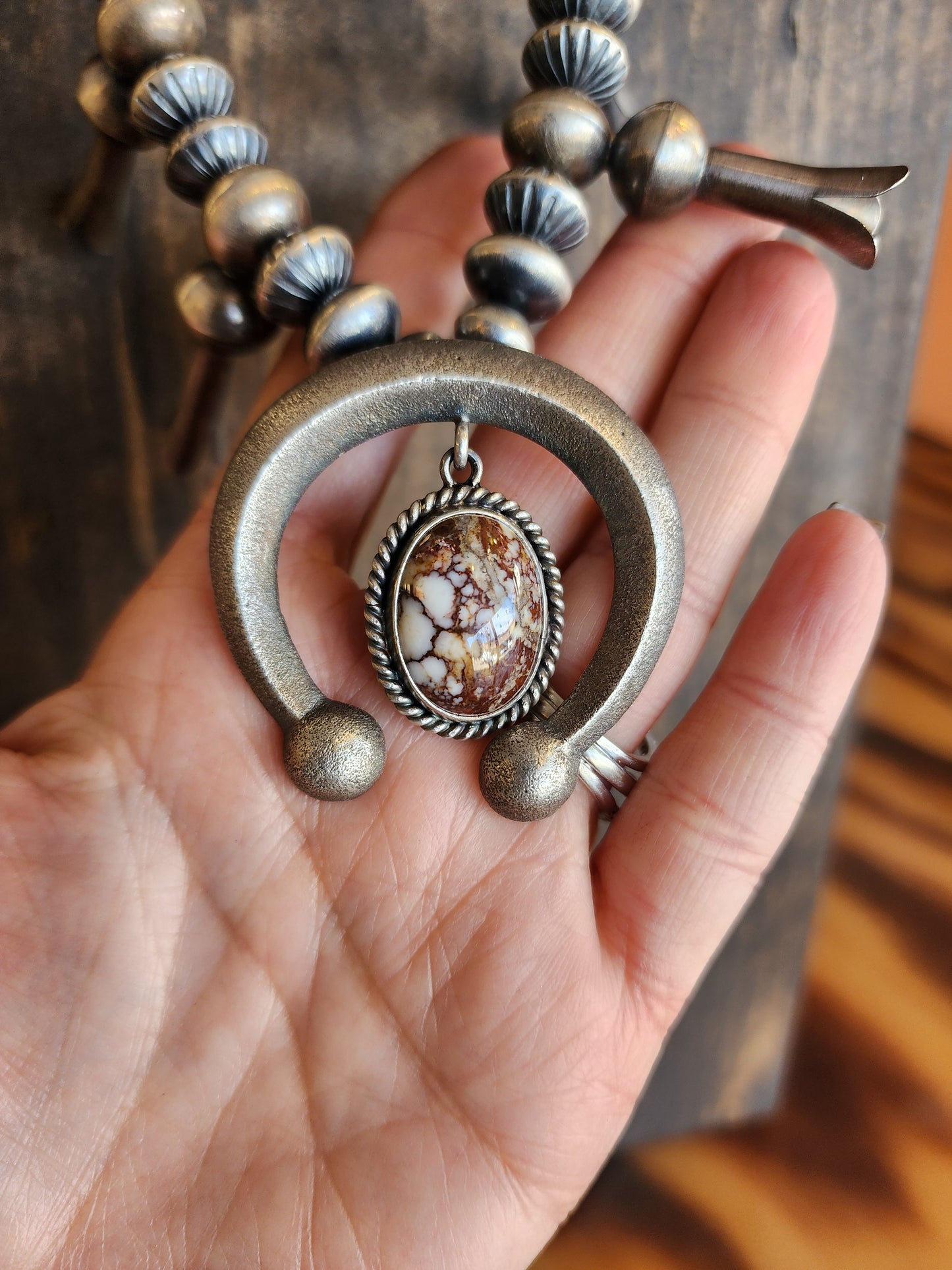 Sterling Silver Squash Blossom with Sandcast Wild Horse Naja