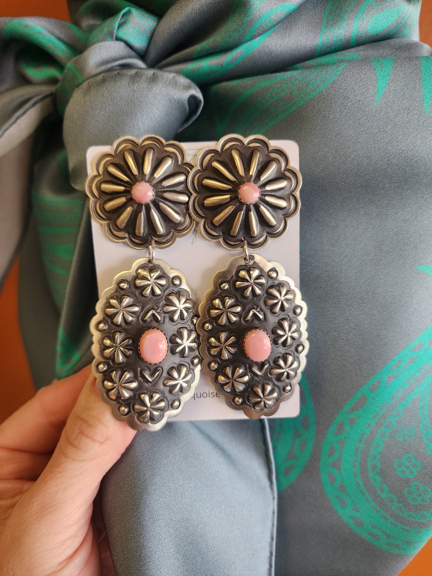 Leander Tahe Repousse Sterling Silver Long Pink Conch Concho Earrings