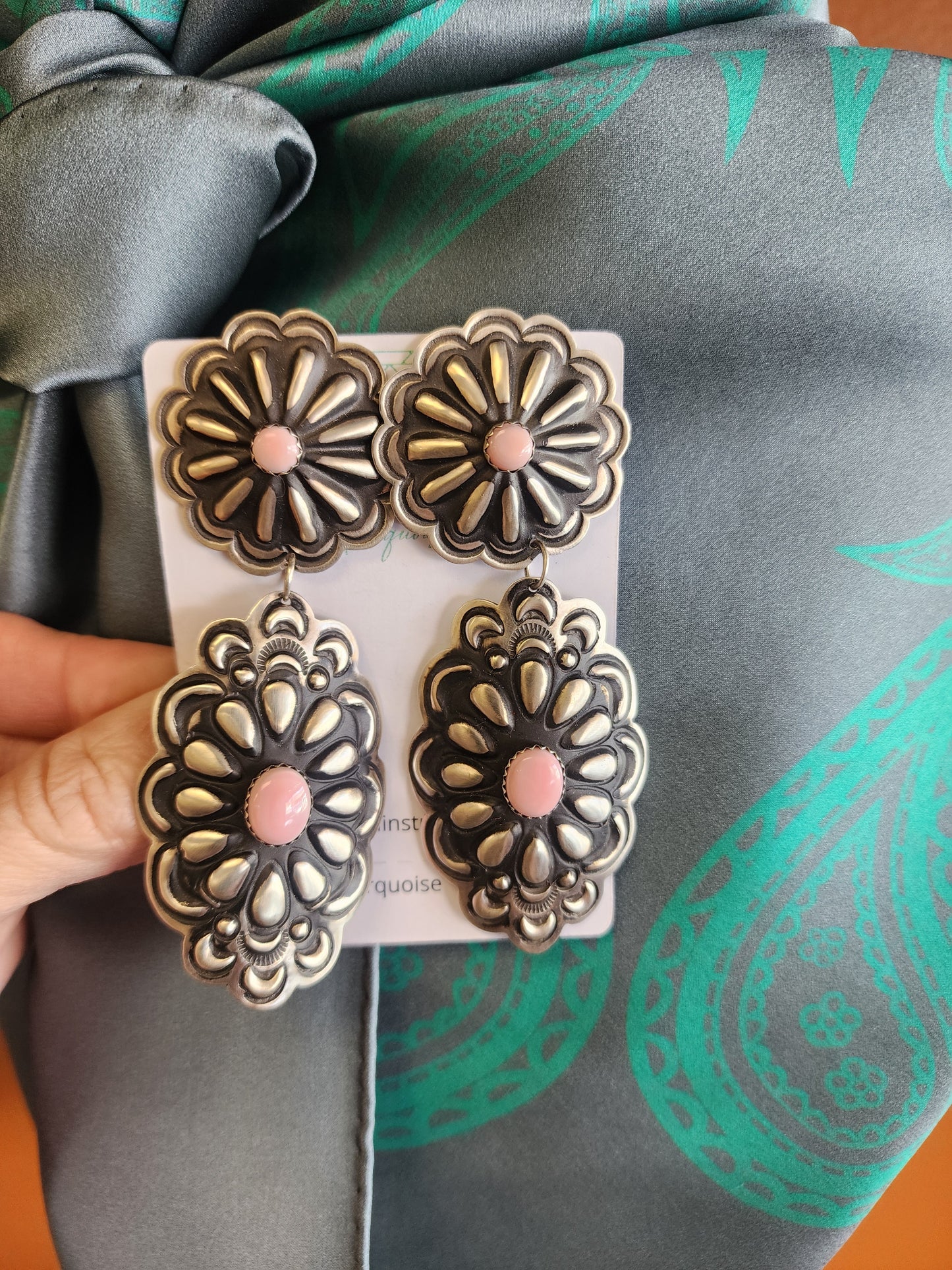 Leander Tahe Repousse Sterling Silver Long Pink Conch Concho Earrings