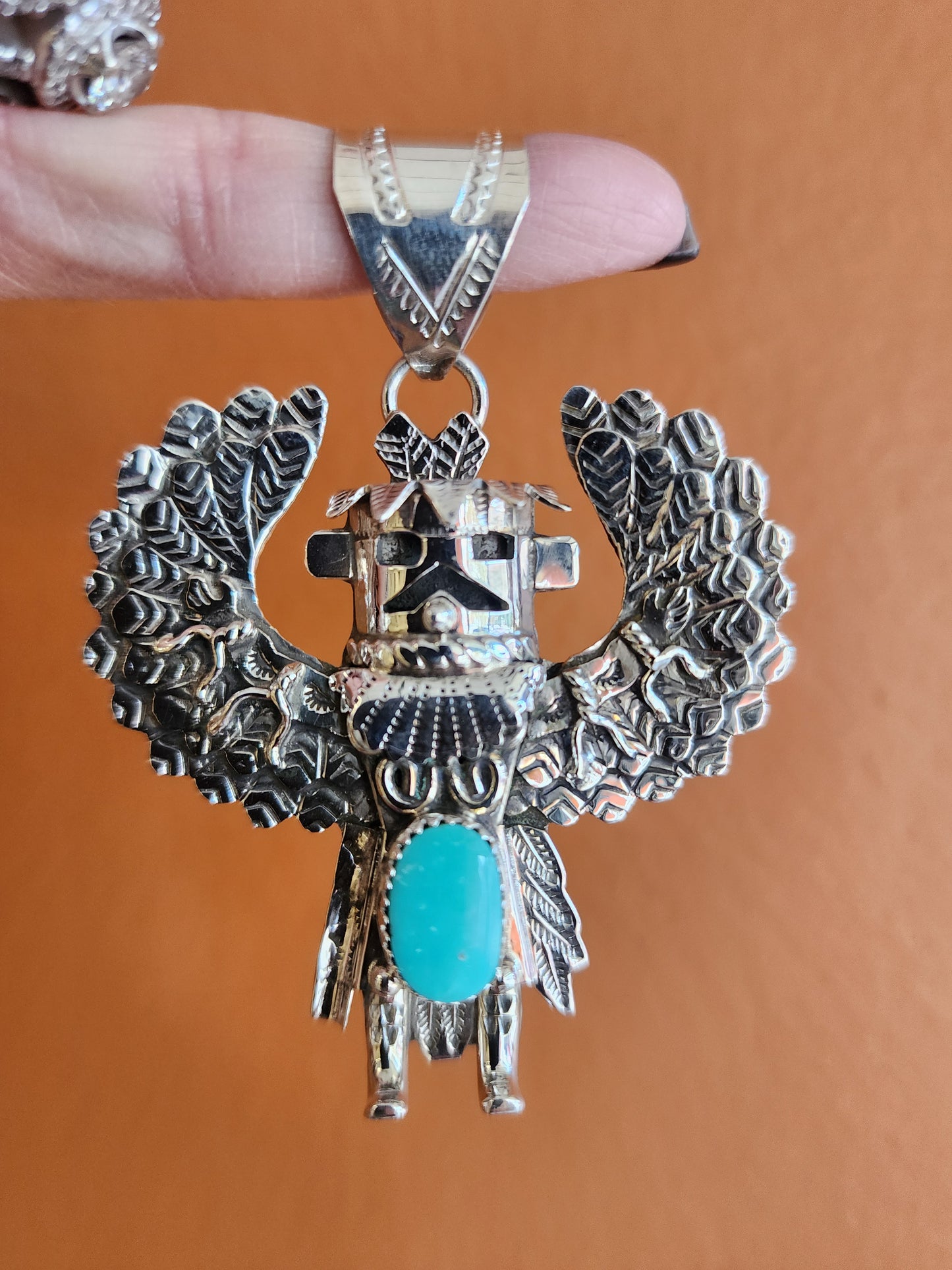Sterling Silver Eagle Dancer Pendant with Kingman Turquoise accent