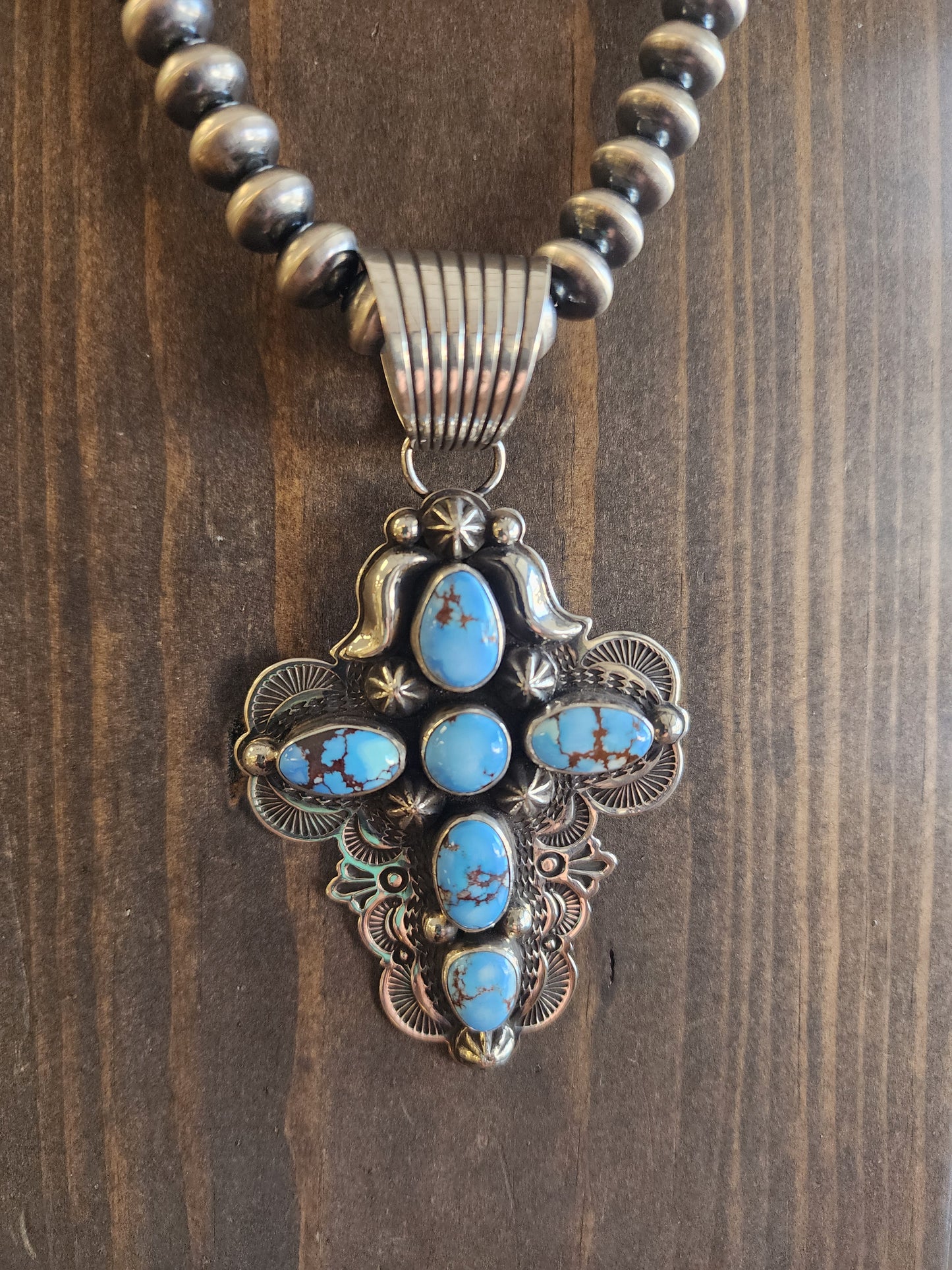 Natural Golden Hills Turquoise Cross Pendant with 10mm Handmade Navajo Saucer Pearls