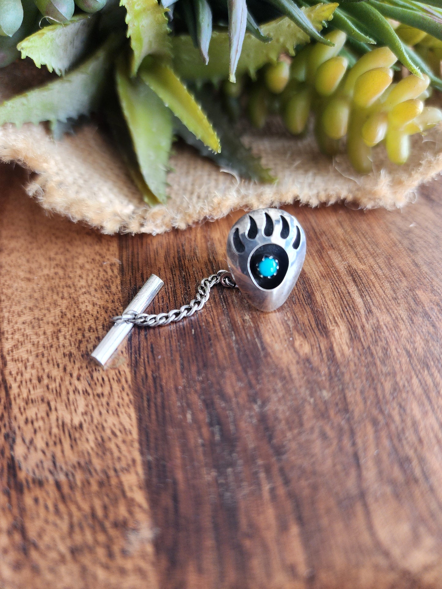 Vintage Sterling Silver Bear Claw Tie Tac with Turquoise accent
