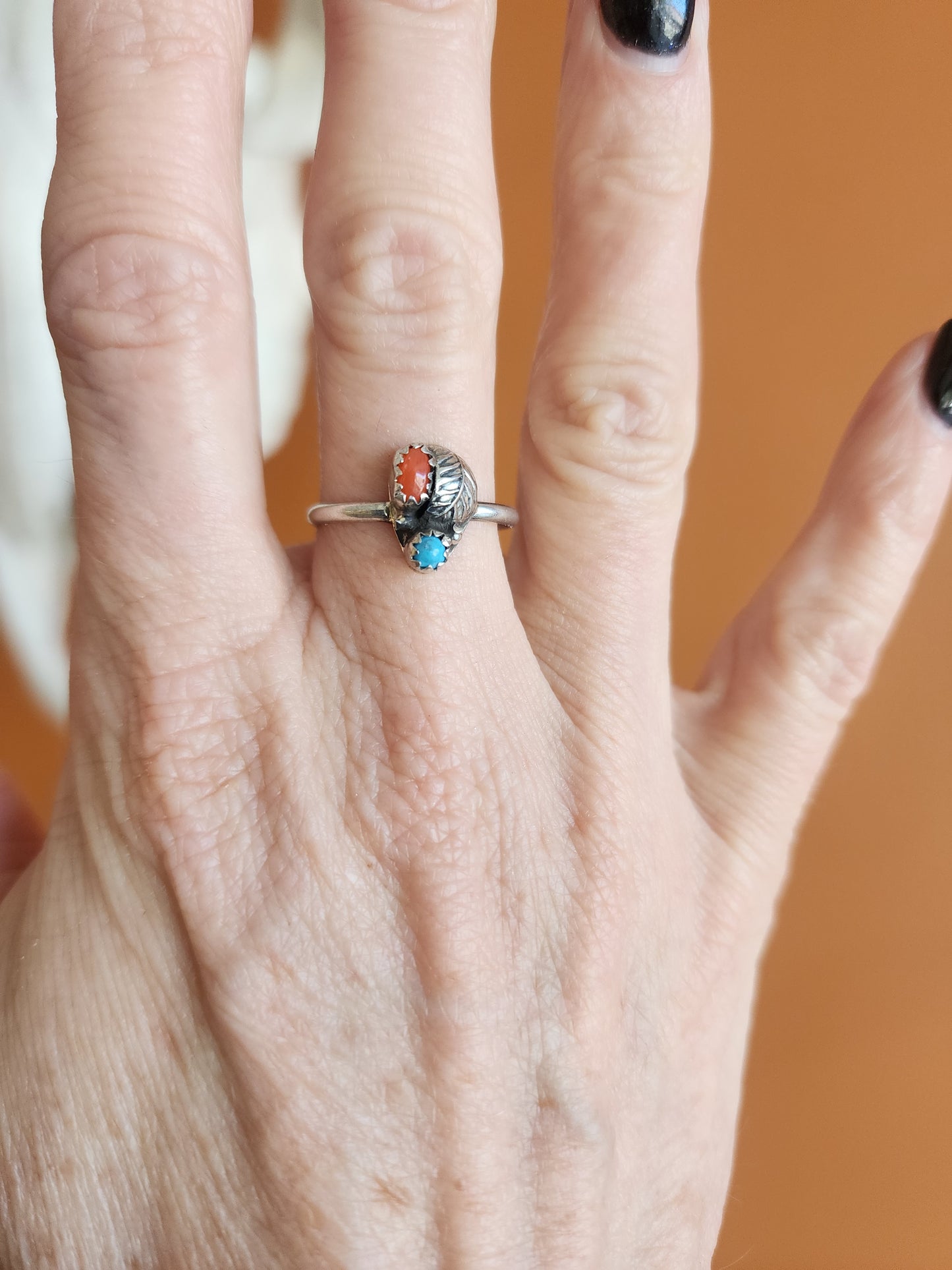 Coral & Turquoise Ring with Leaf accent