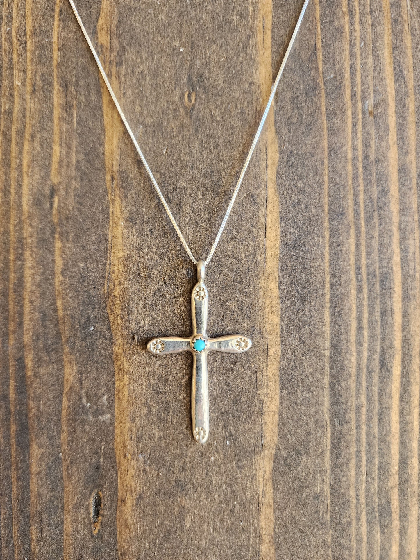 Alice Skeets Sterling Silver Cross with Turquoise and Floral Stamp Detail