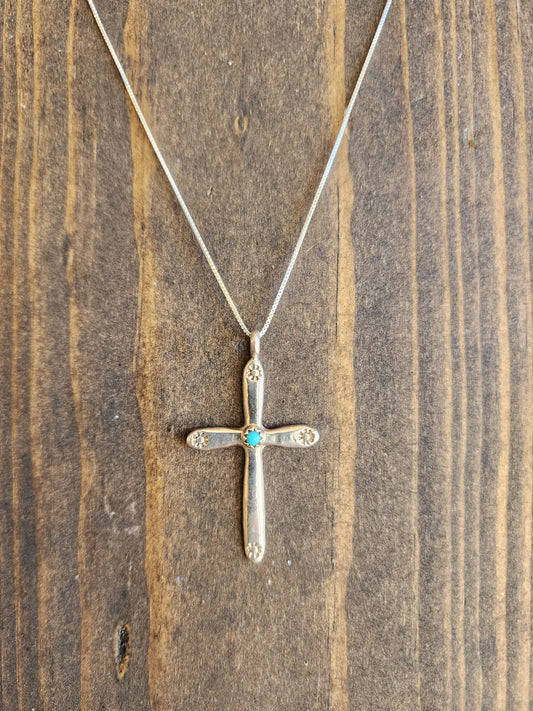 Alice Skeets Sterling Silver Cross with Turquoise and Floral Stamp Detail