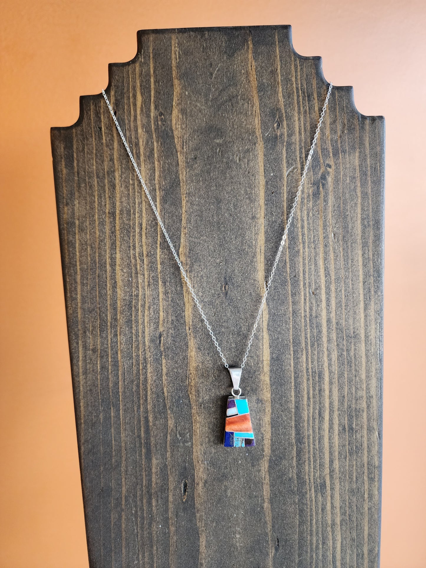 Navajo Multi Stone Inlaid Sterling Silver Pendant Necklace
