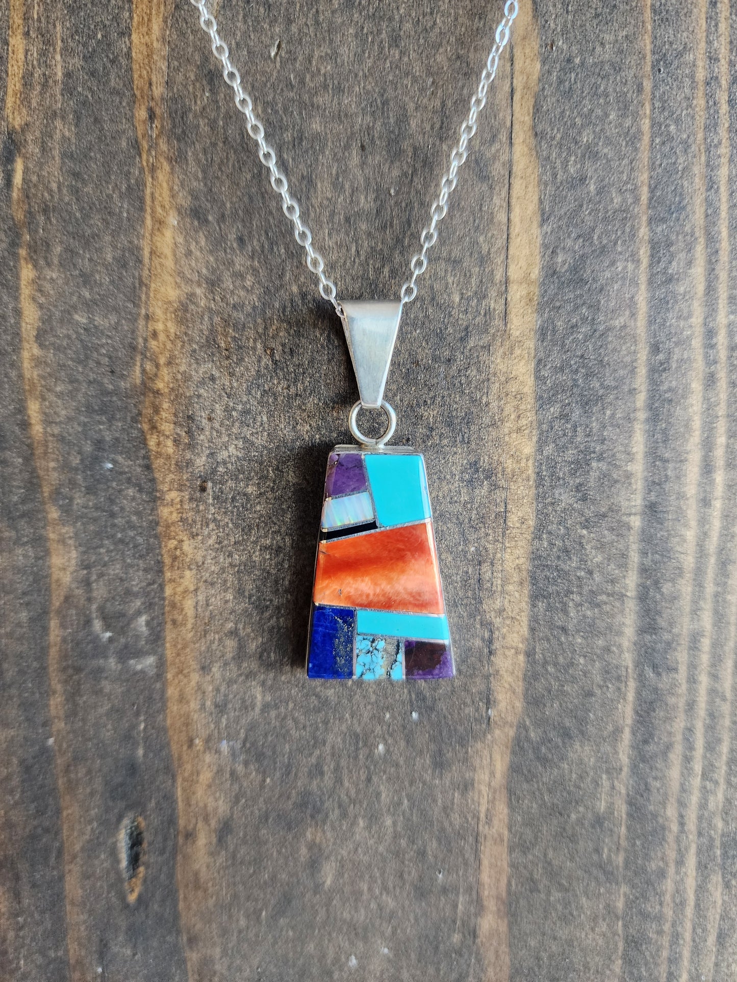 Navajo Multi Stone Inlaid Sterling Silver Pendant Necklace