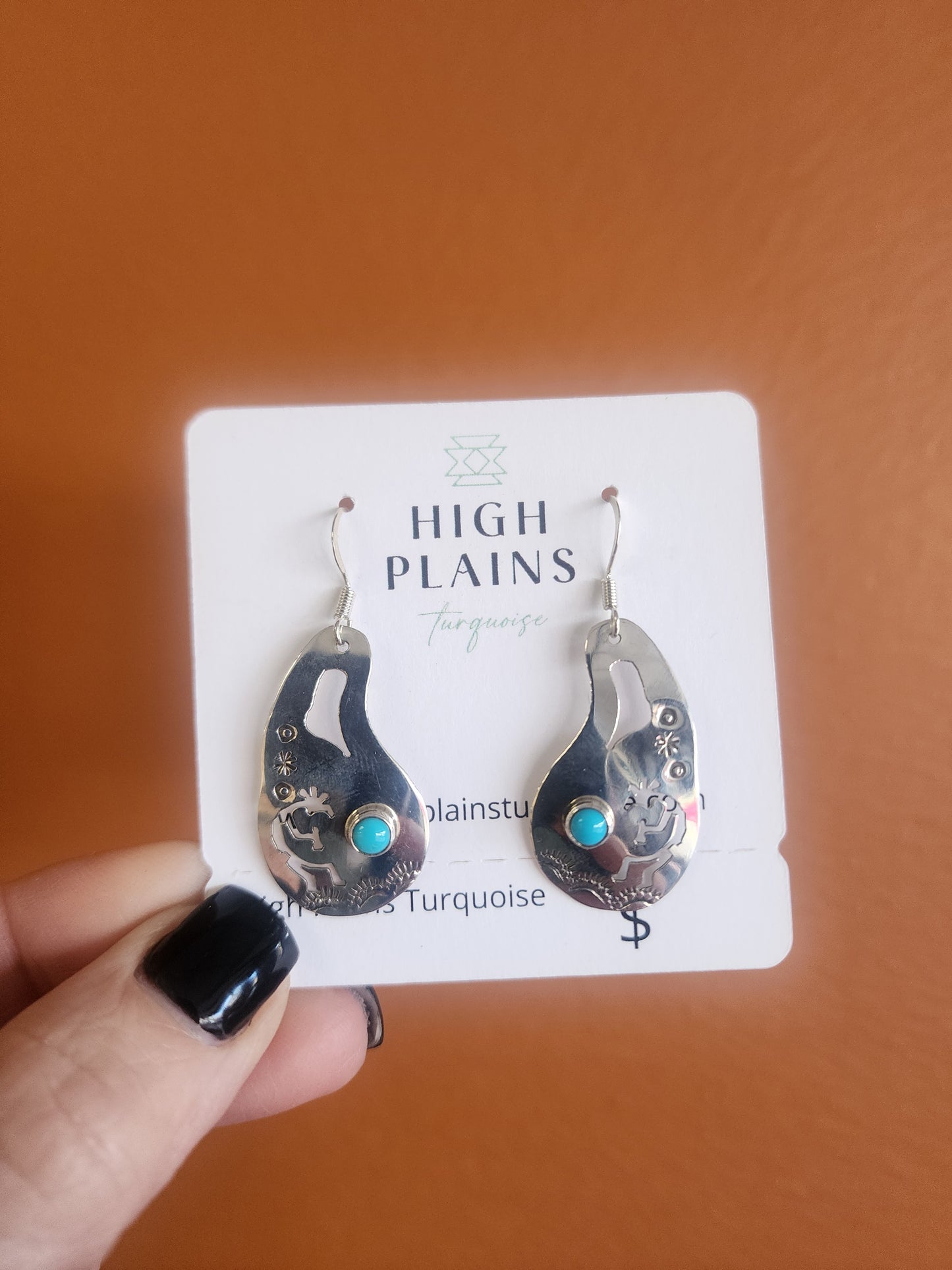 Navajo Sterling Silver Cutout Kokopelli Earrings with Kingman Turquoise accent