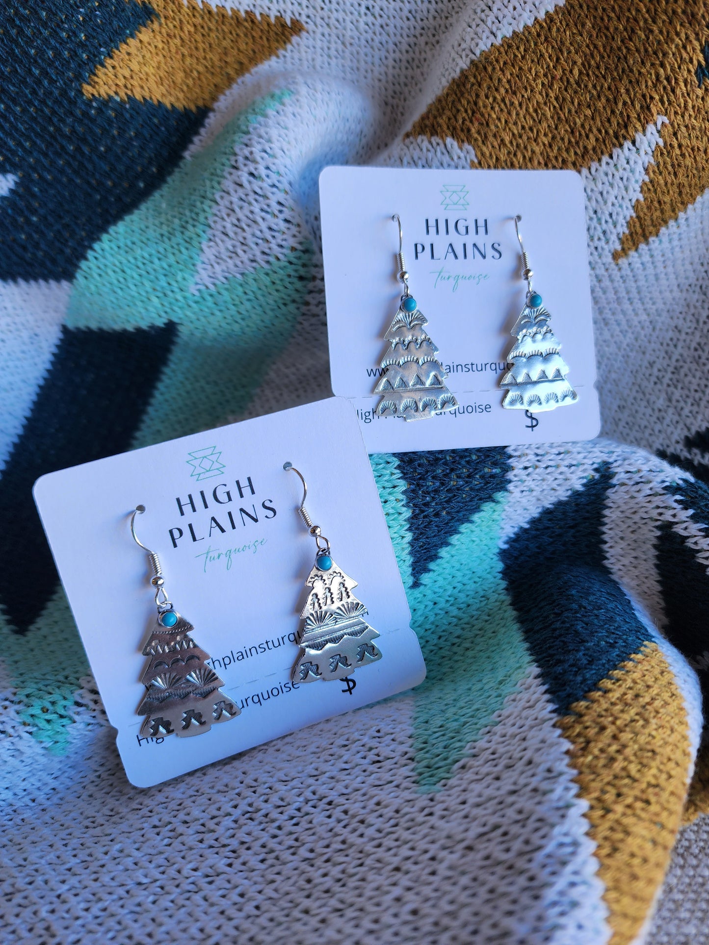 Stamped Sterling Christmas Tree Earrings with Turquoise Stone