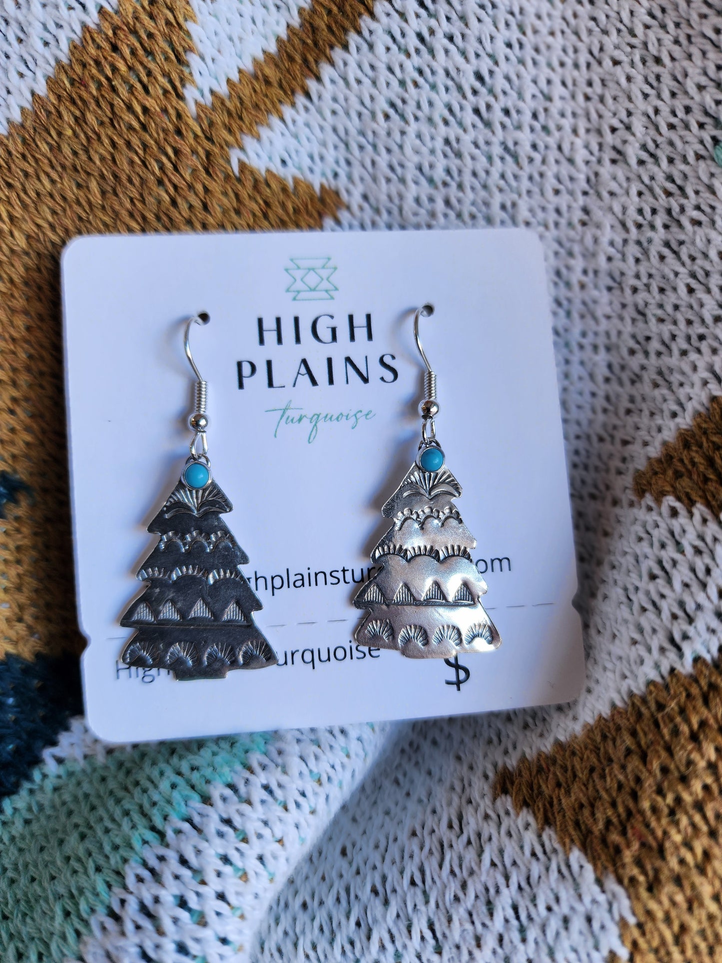 Stamped Sterling Christmas Tree Earrings with Turquoise Stone