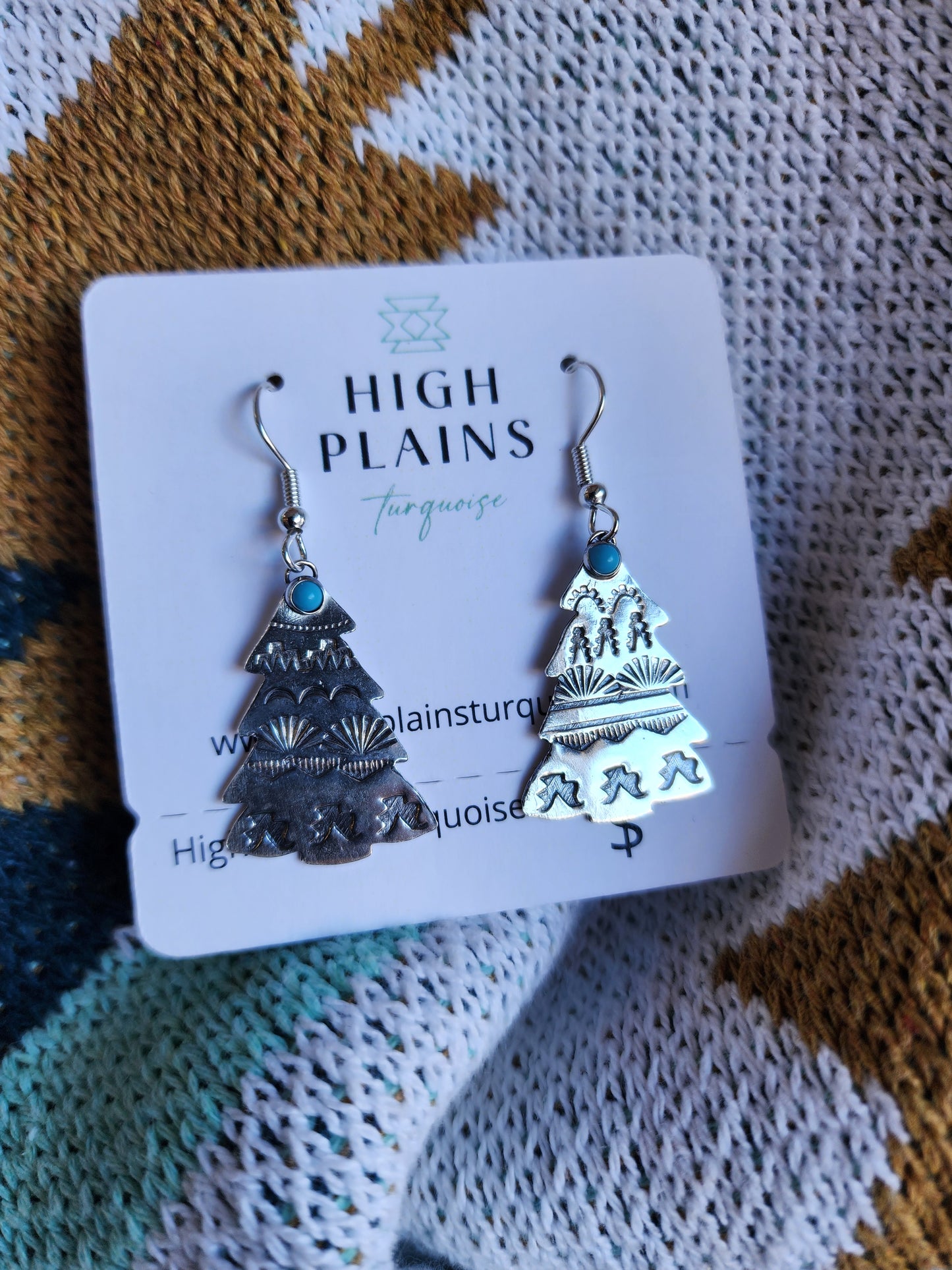 Stamped Sterling Christmas Tree Earrings with Turquoise Stone