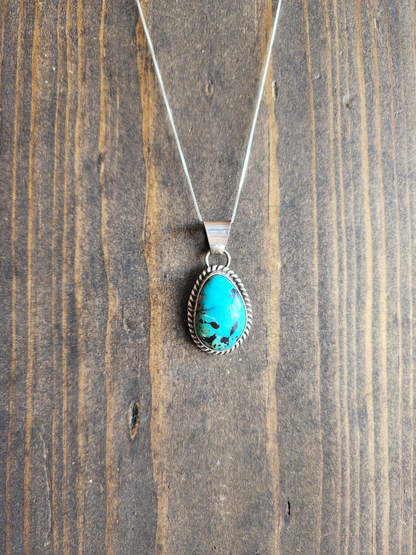 Kingman Turquoise Pendant Necklace with Sterling Rope accent