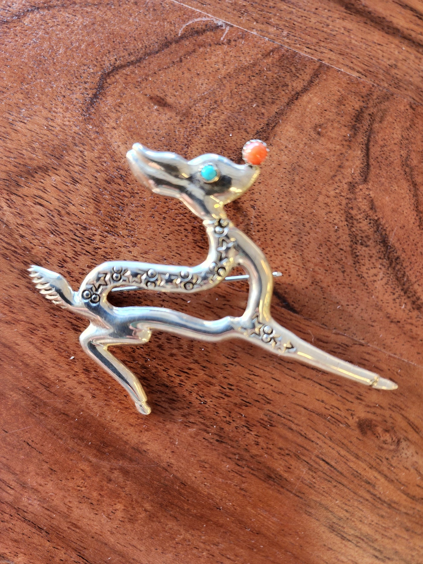 Large Sterling Silver Reindeer with Turquoise and Coral accents