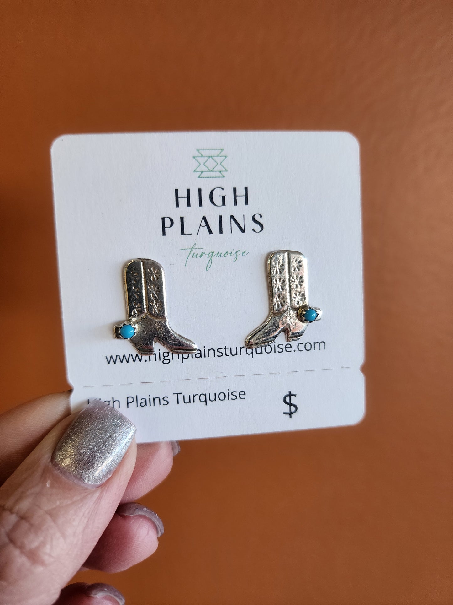Stamped Sterling Silver Cowboy Boot Earrings with Turquoise accent