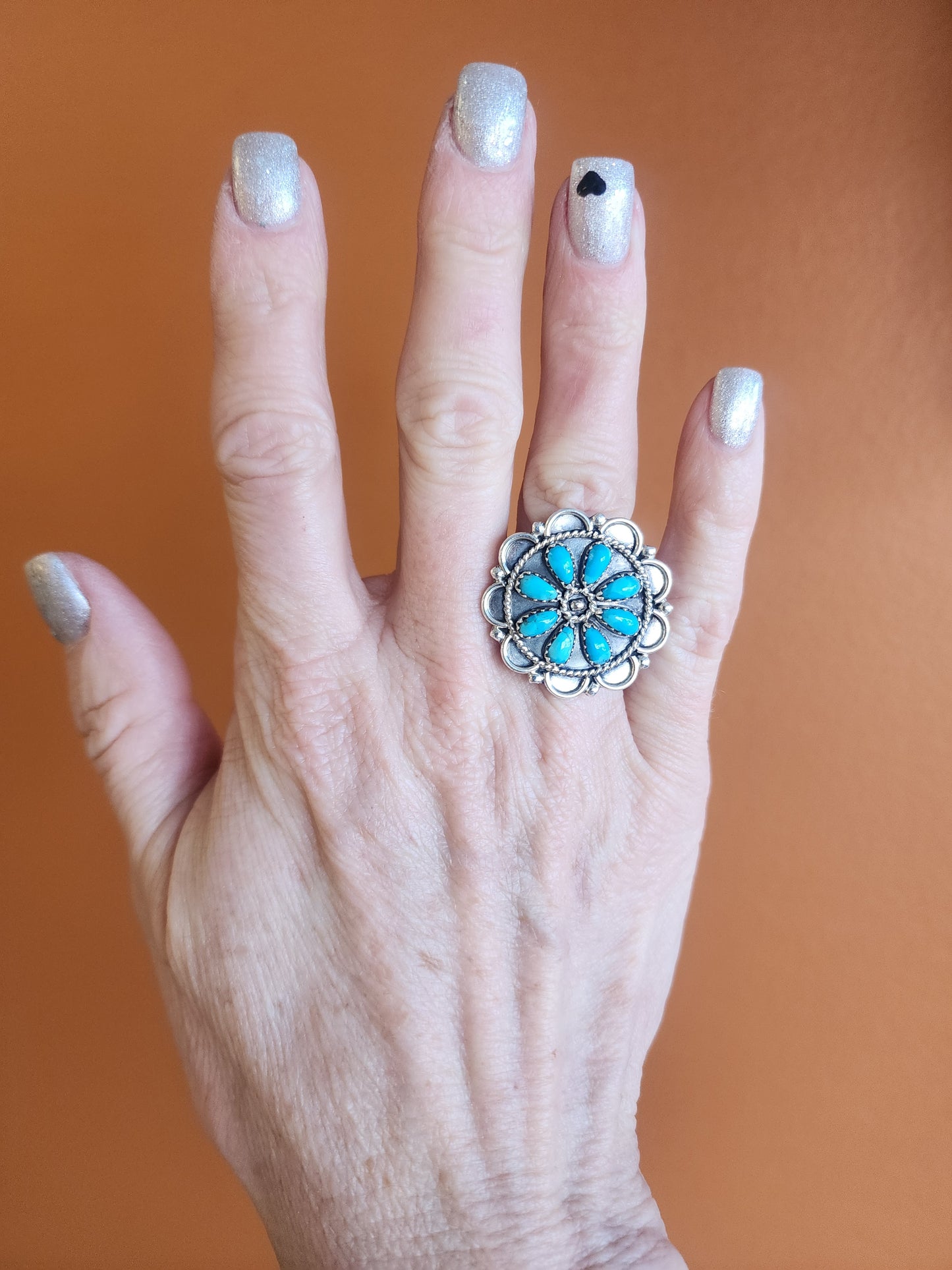 Turquoise Sterling Floral Ring with Adjustable Band