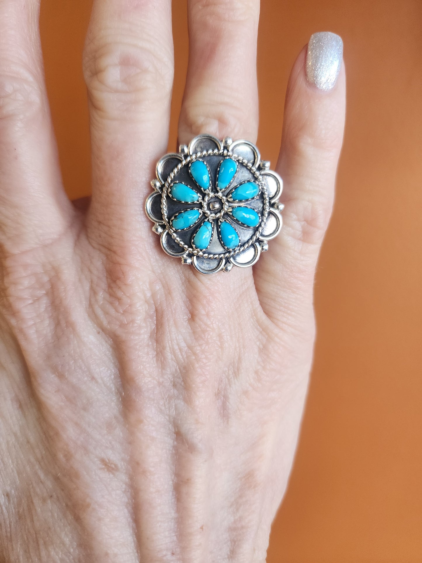 Turquoise Sterling Floral Ring with Adjustable Band