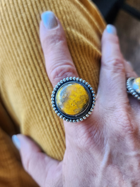 Bumblebee Jasper Ring with Sterling Beaded Band