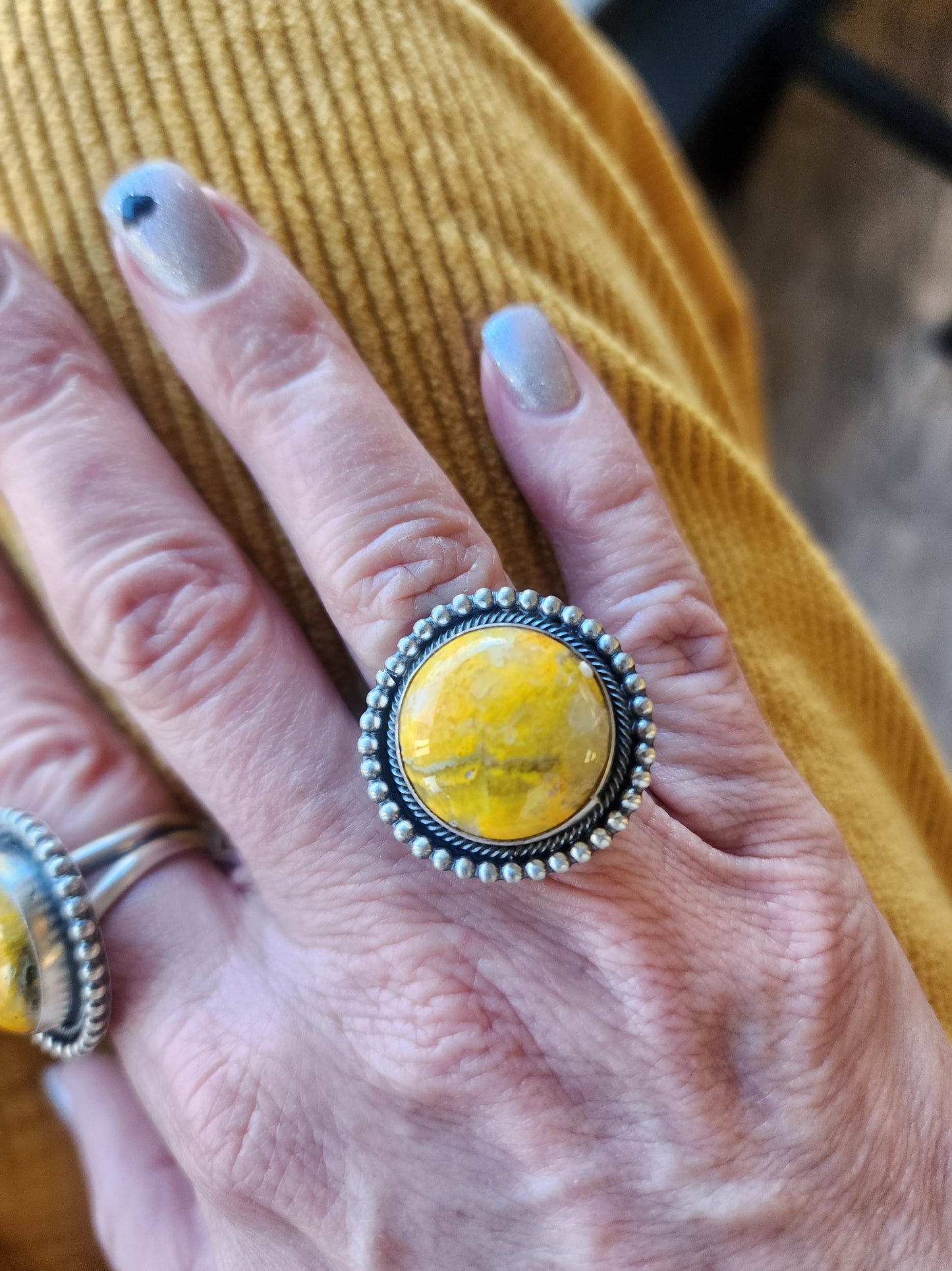 Bumblebee Jasper Ring with Sterling Beaded Band