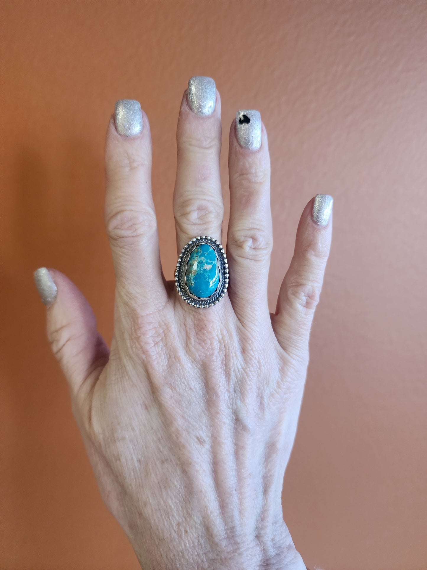 Kingman Turquoise Ring with Sterling Scalloped Band