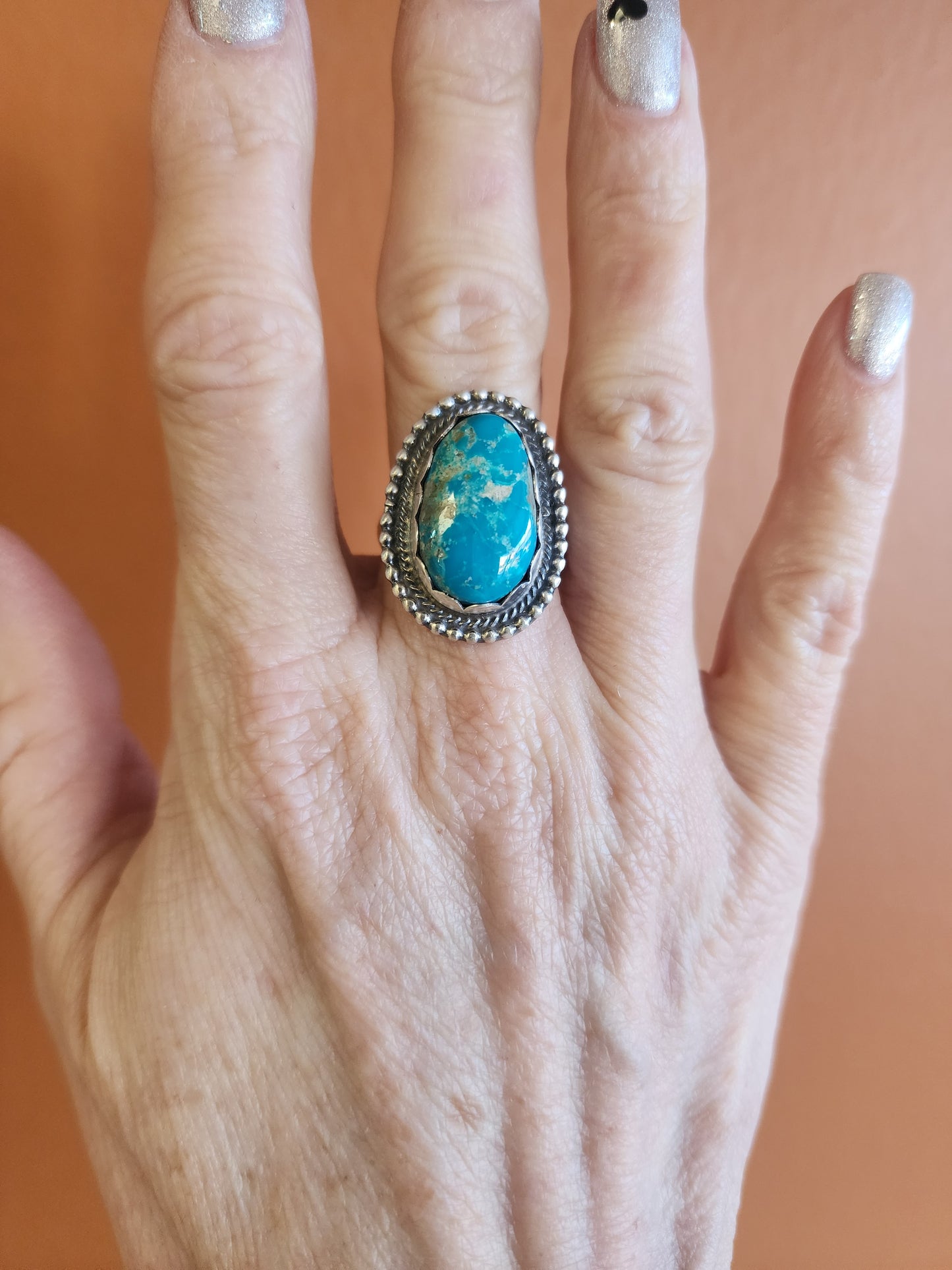 Kingman Turquoise Ring with Sterling Scalloped Band