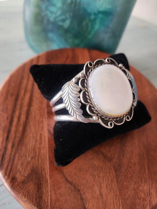 Vintage Mother of Pearl Cuff Bracelet with Sterling Silver accents