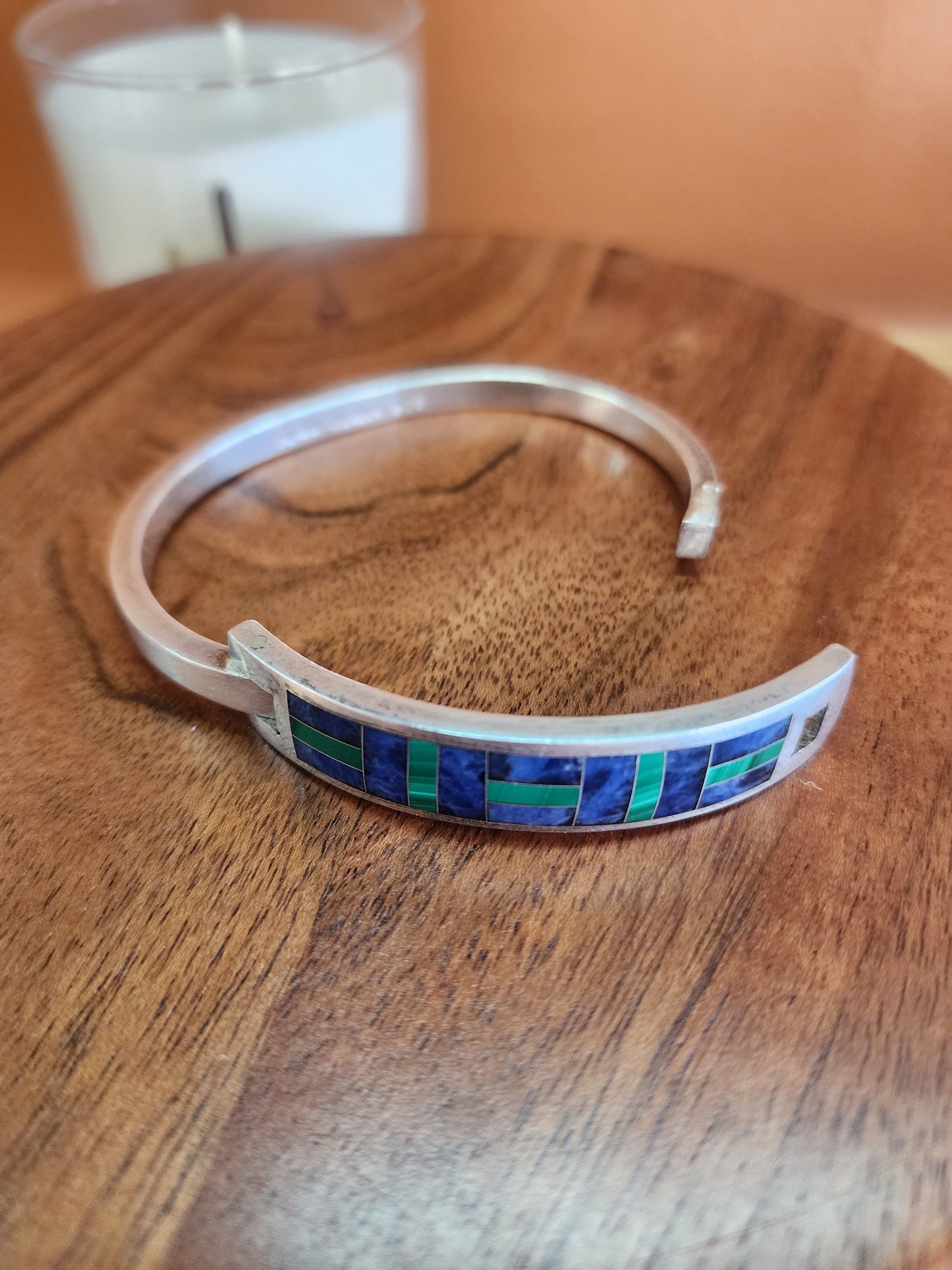 Vintage Sterling Silver Inlay Malachite and Lapis Bangle Bracelet