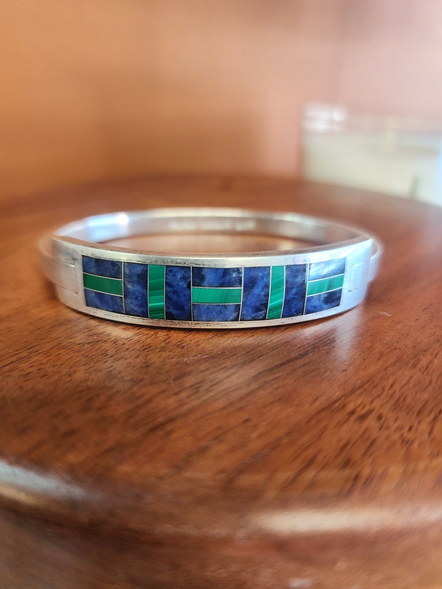 Vintage Sterling Silver Inlay Malachite and Lapis Bangle Bracelet