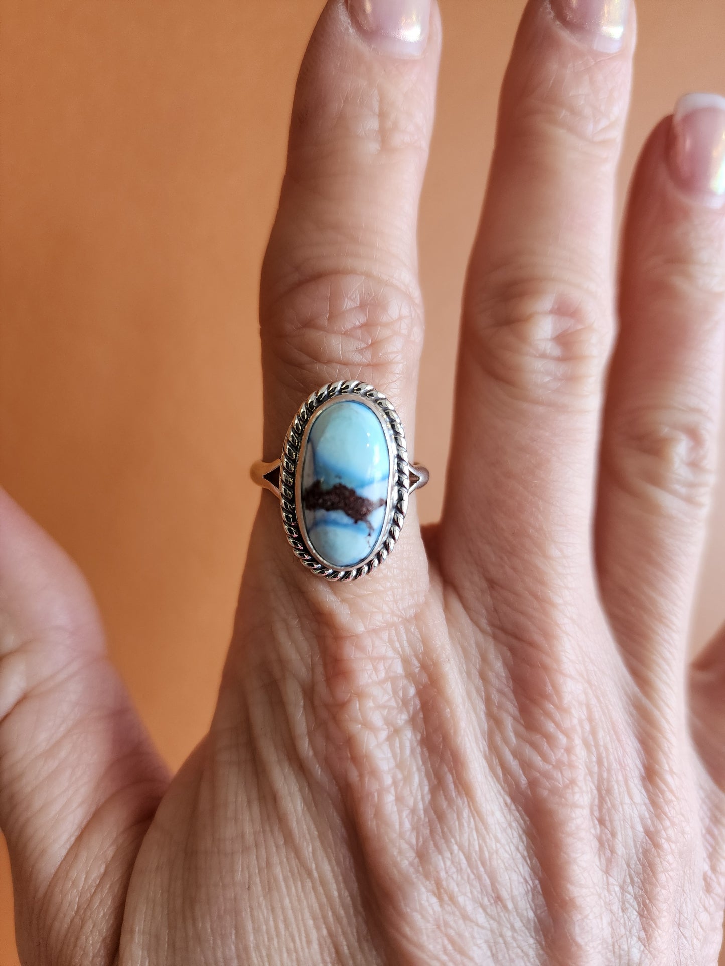Golden Hills Turquoise Oval Ring with Sterling Silver Rope accent