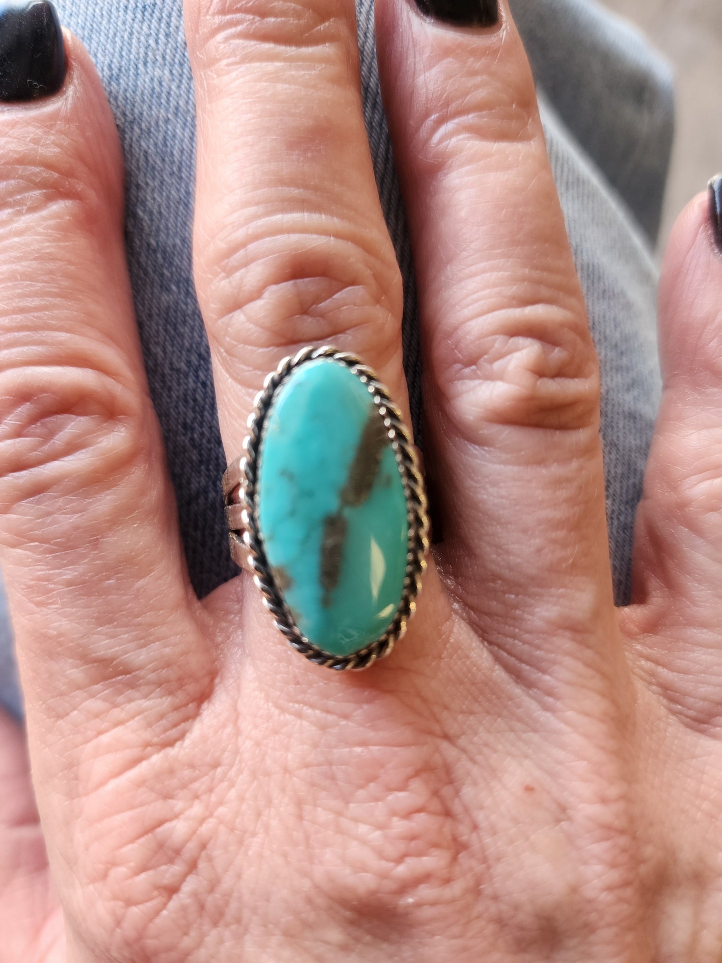 Kingman Turquoise Ring with Sterling Silver rope accent