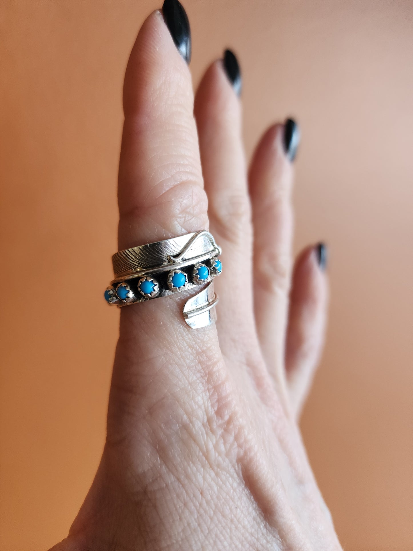 Adjustable 11-Stone Turquoise Feather Ring