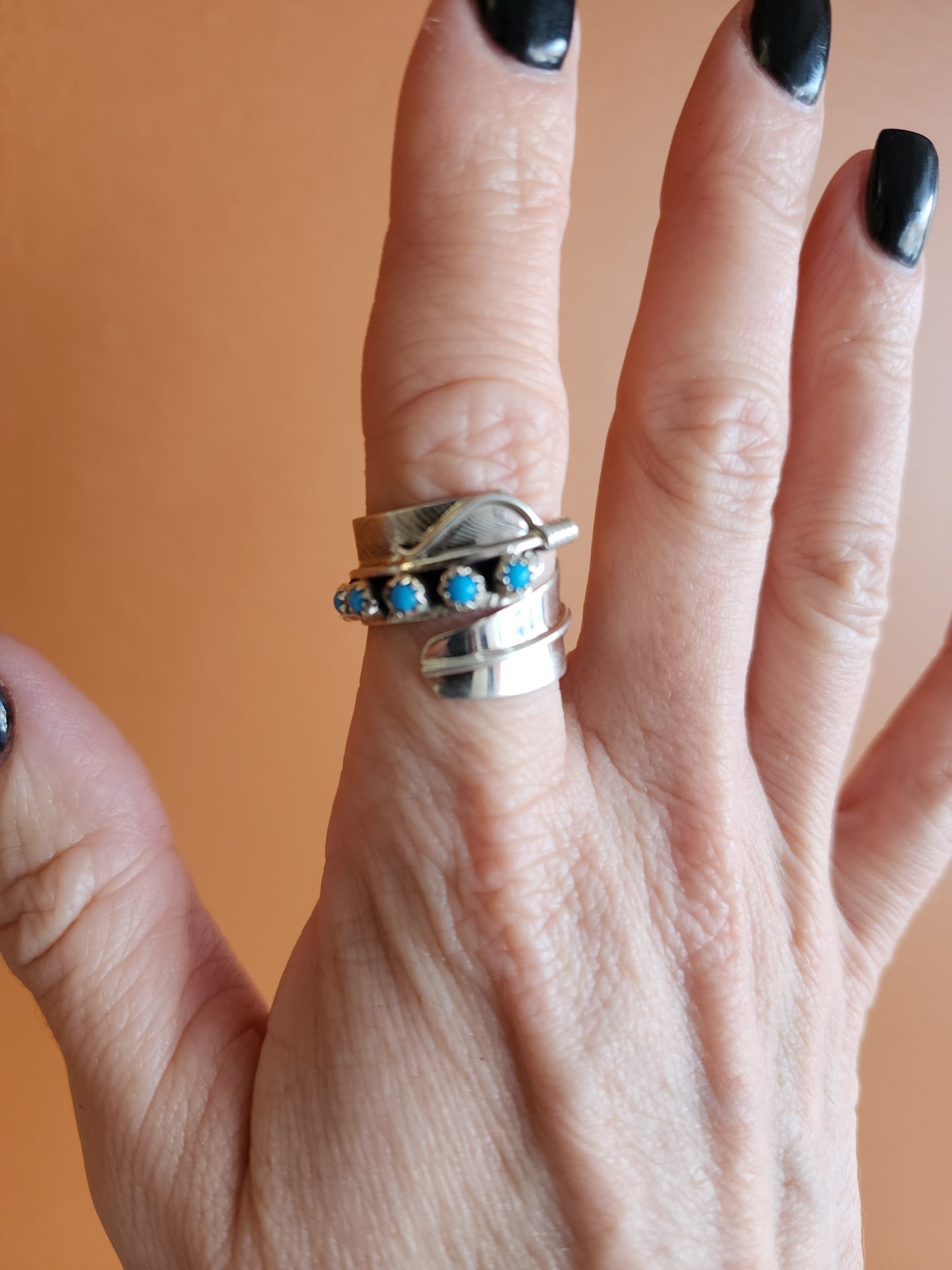 Adjustable 11-Stone Turquoise Feather Ring