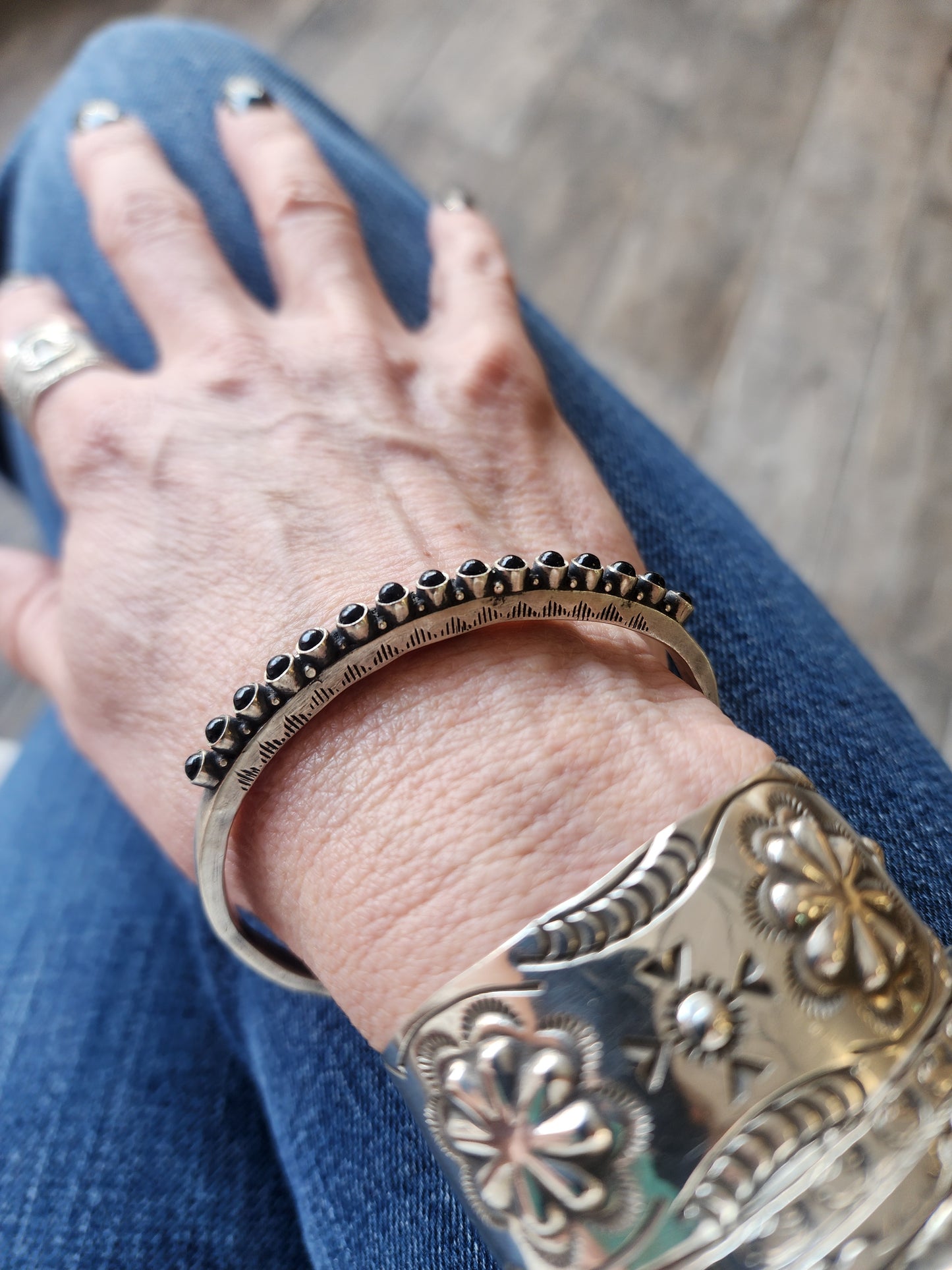 Heavy Gauge Sterling Silver Black Onyx Cuff Bracelet