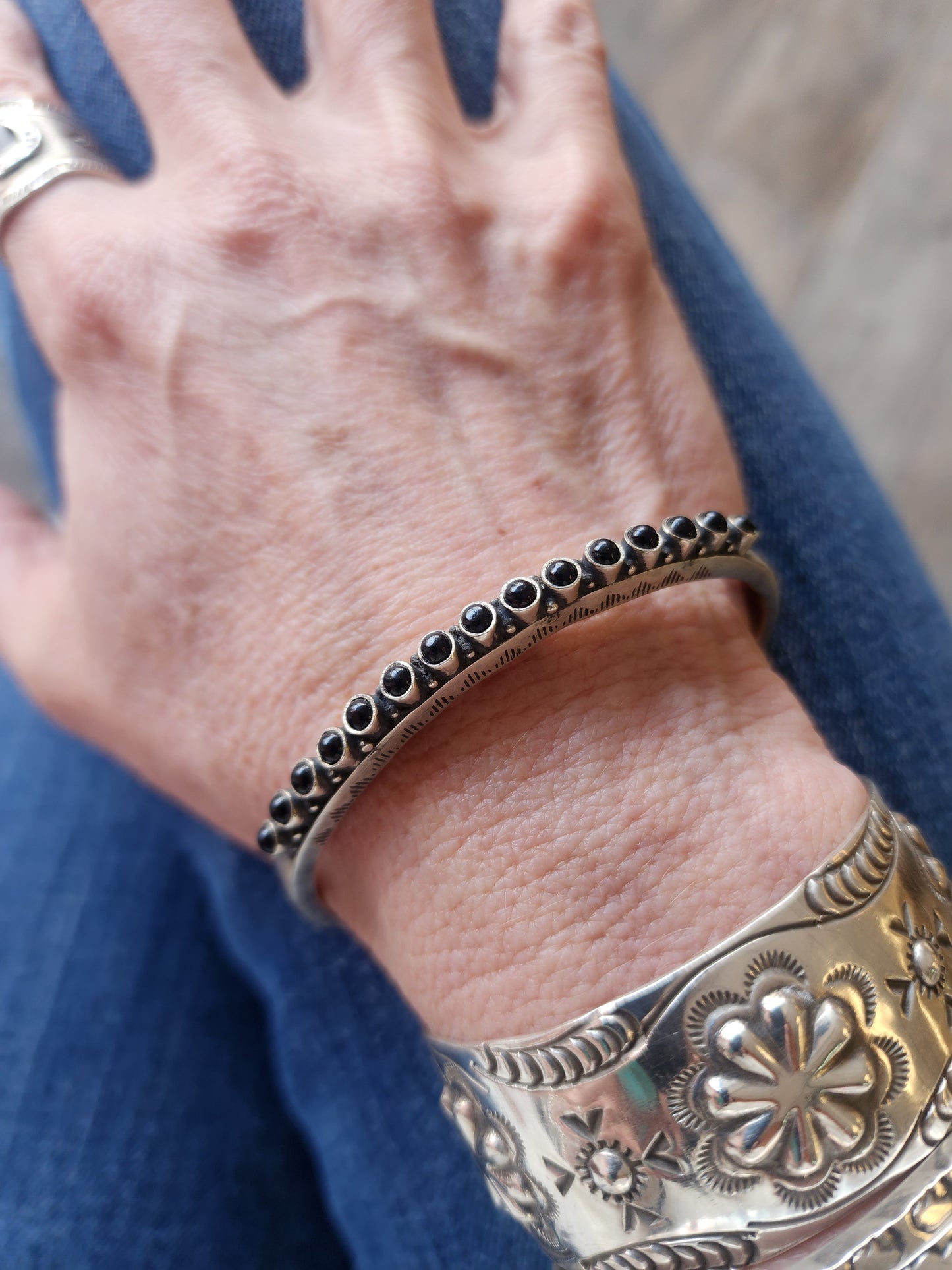 Heavy Gauge Sterling Silver Black Onyx Cuff Bracelet