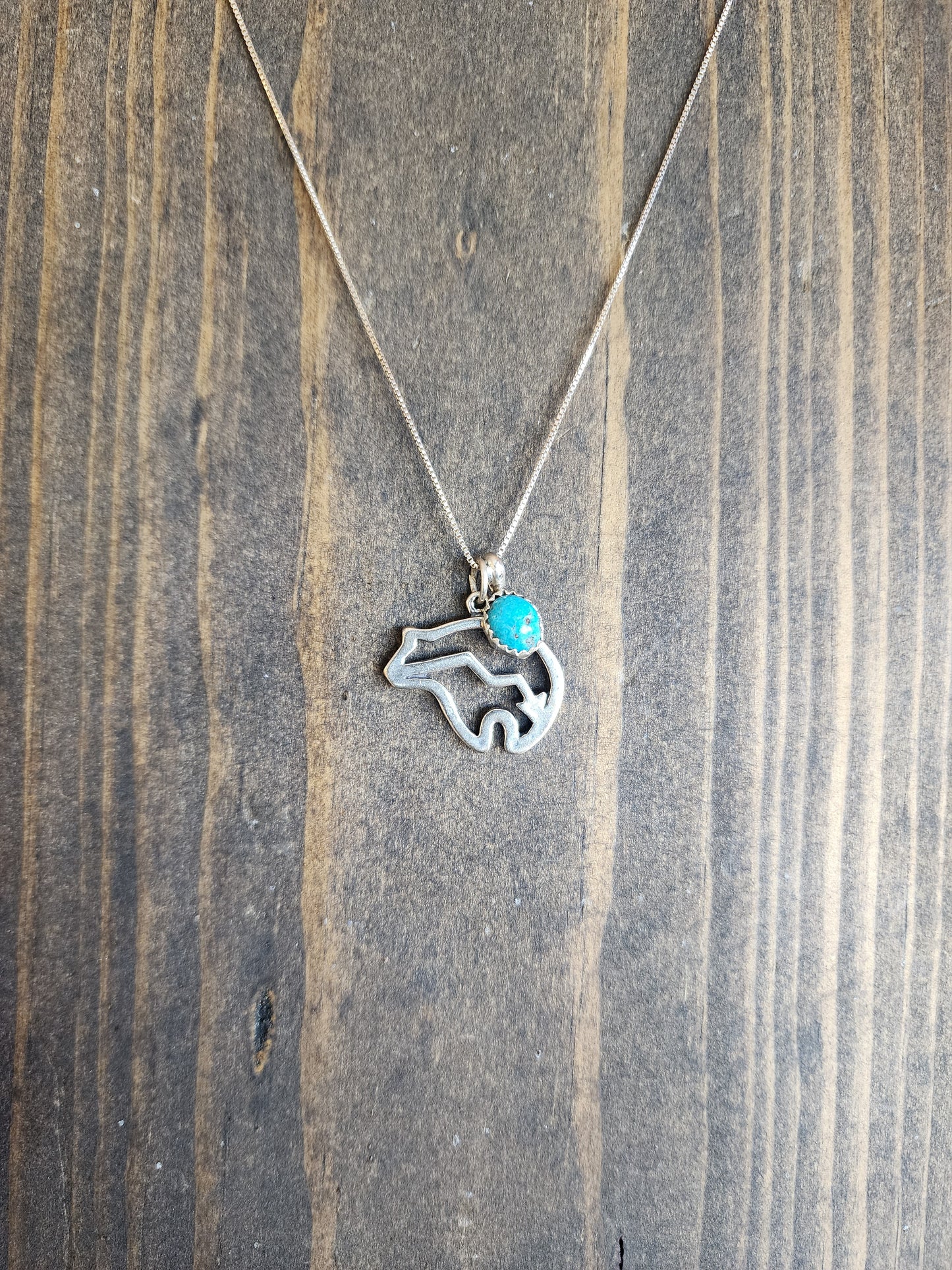 Sterling Silver Heartline Bear and Turquoise Pendant Necklace