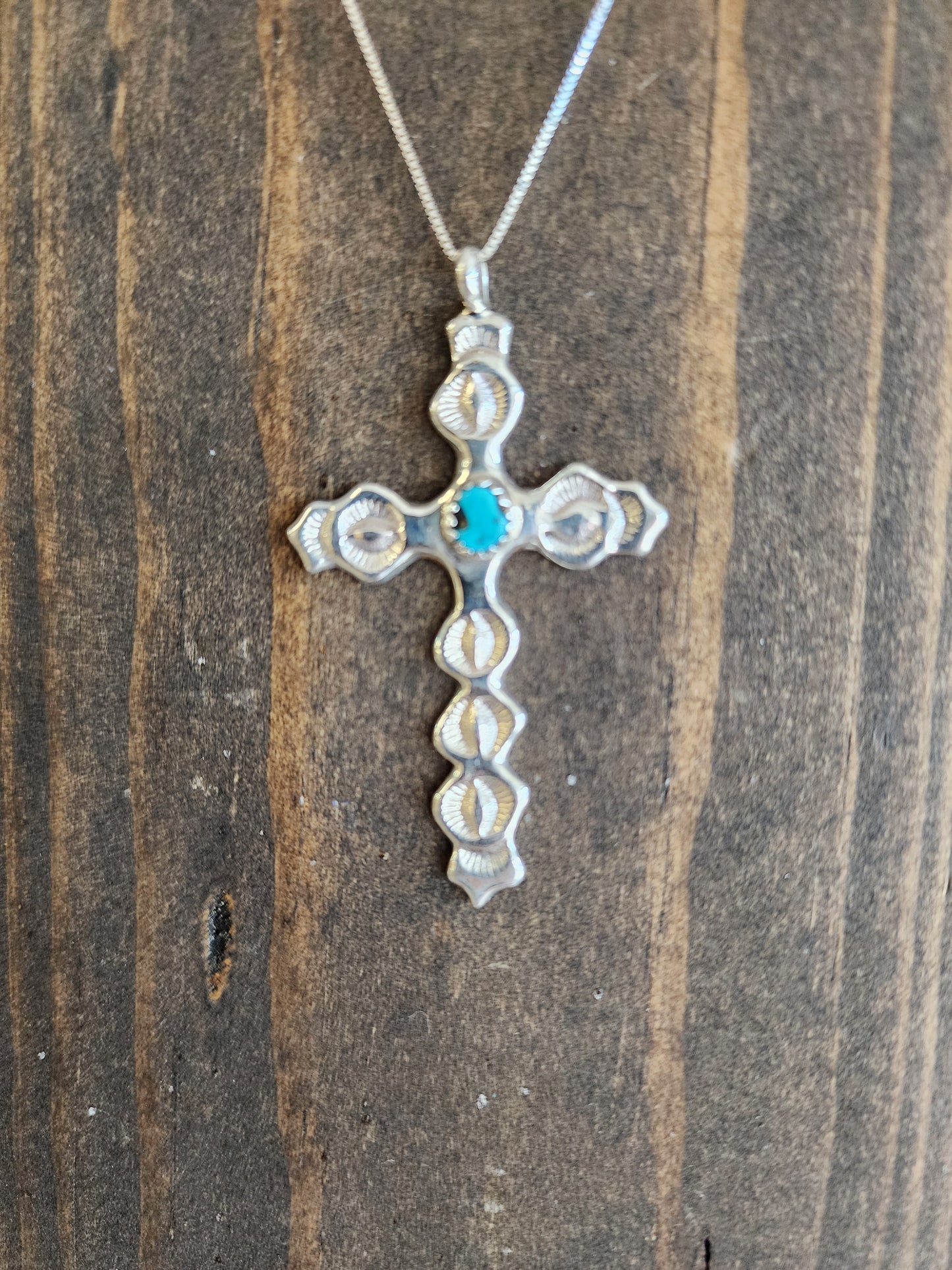 Navajo Stamped Sterling Silver Kingman Cross Pendant Necklace