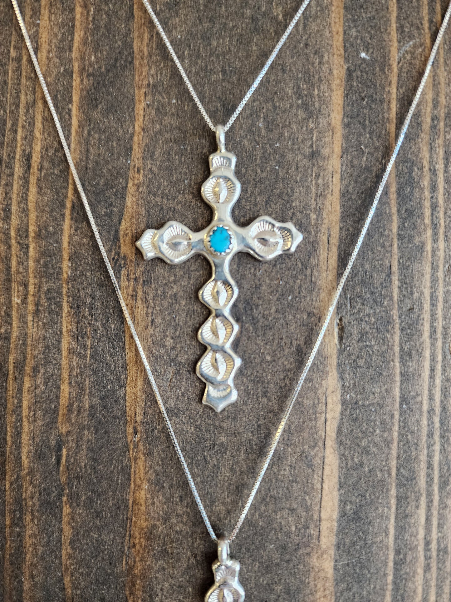 Navajo Stamped Sterling Silver Kingman Cross Pendant Necklace