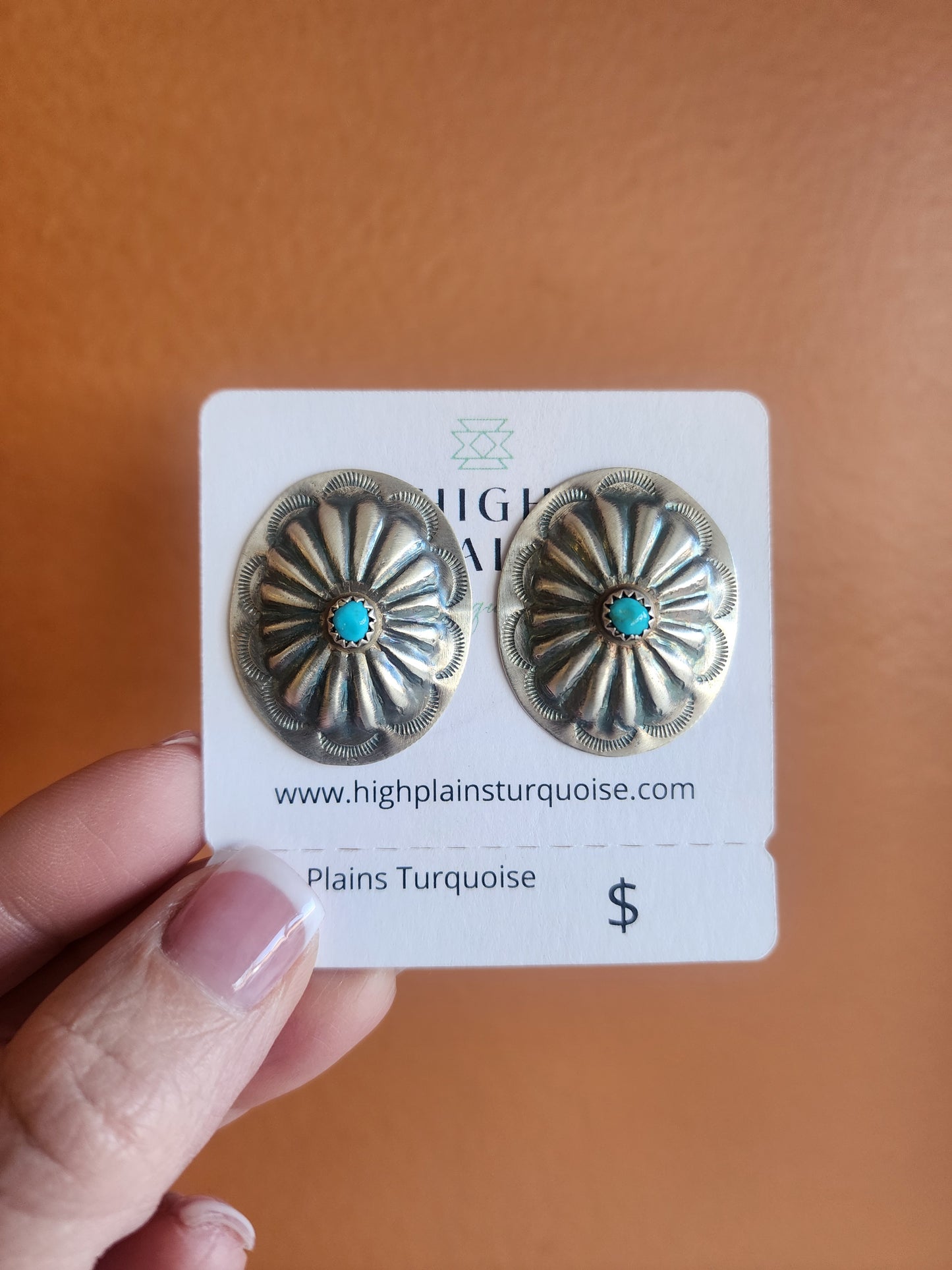 Repousse Sterling Silver Oval Concho Earrings with Turquoise accents