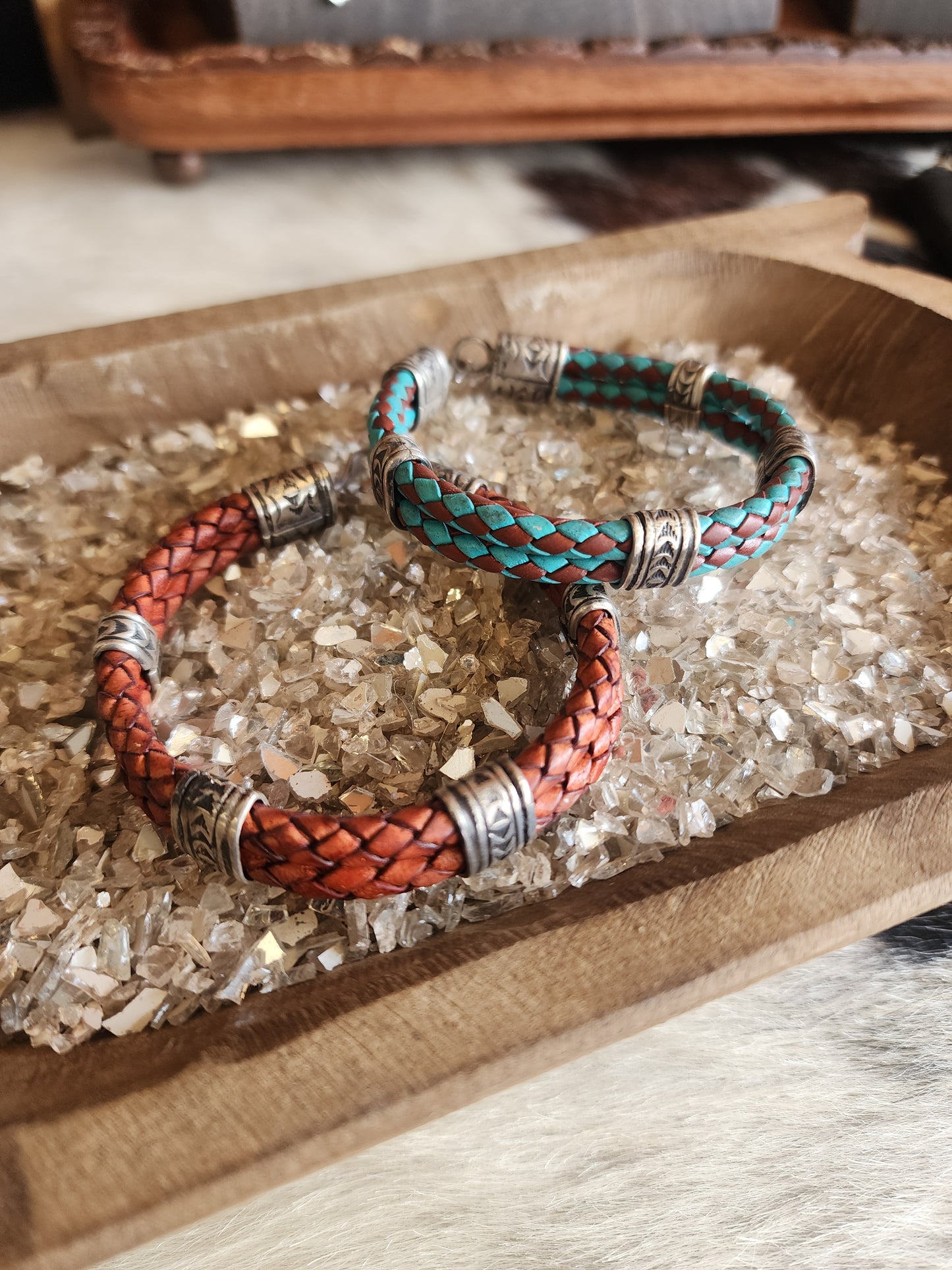 Silver Stamp Banded Woven Leather Bracelet