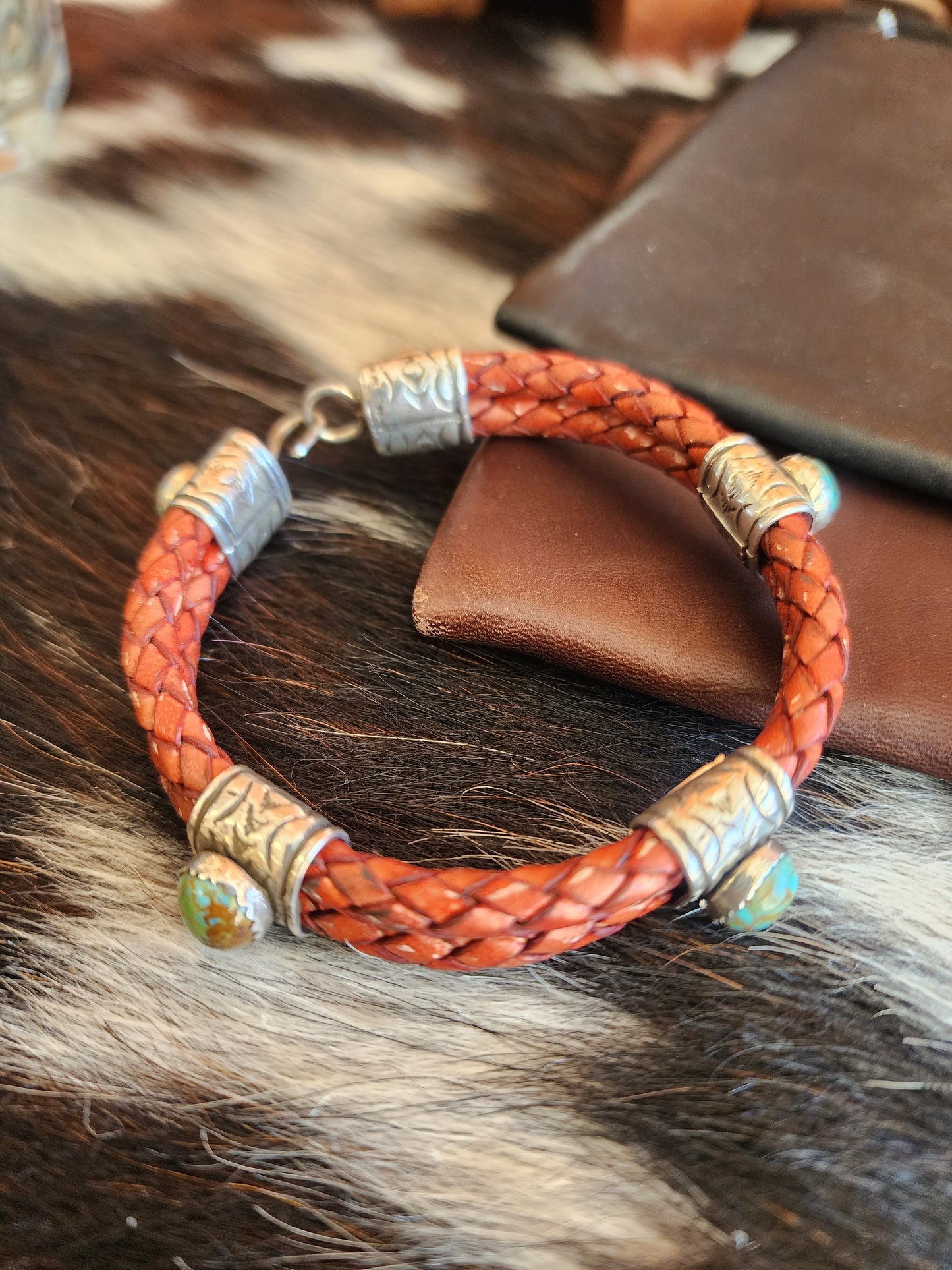 Banded Silver Stamp Turquoise Woven Leather Bracelet