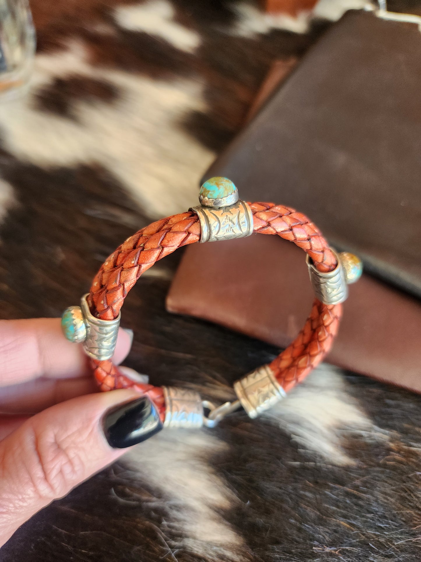 Banded Silver Stamp Turquoise Woven Leather Bracelet