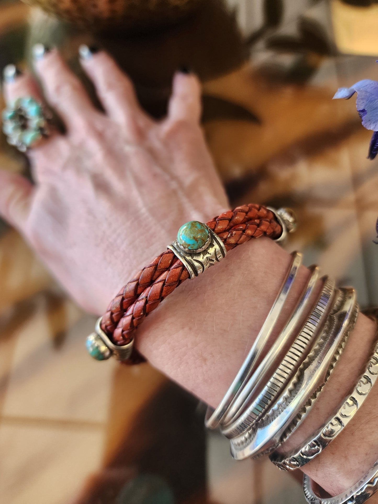 Banded Silver Stamp Turquoise Woven Leather Bracelet