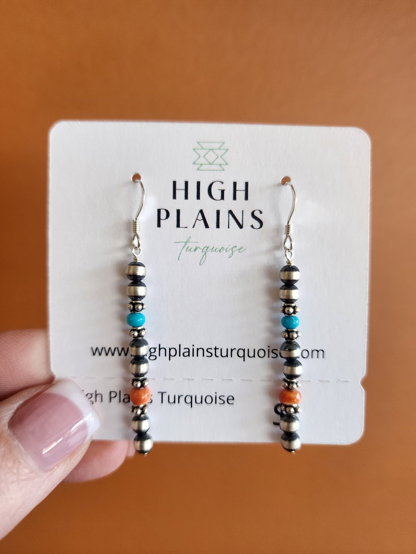 Beaded Sterling Silver, Turquoise, and Spiny Beaded Stick Earrings