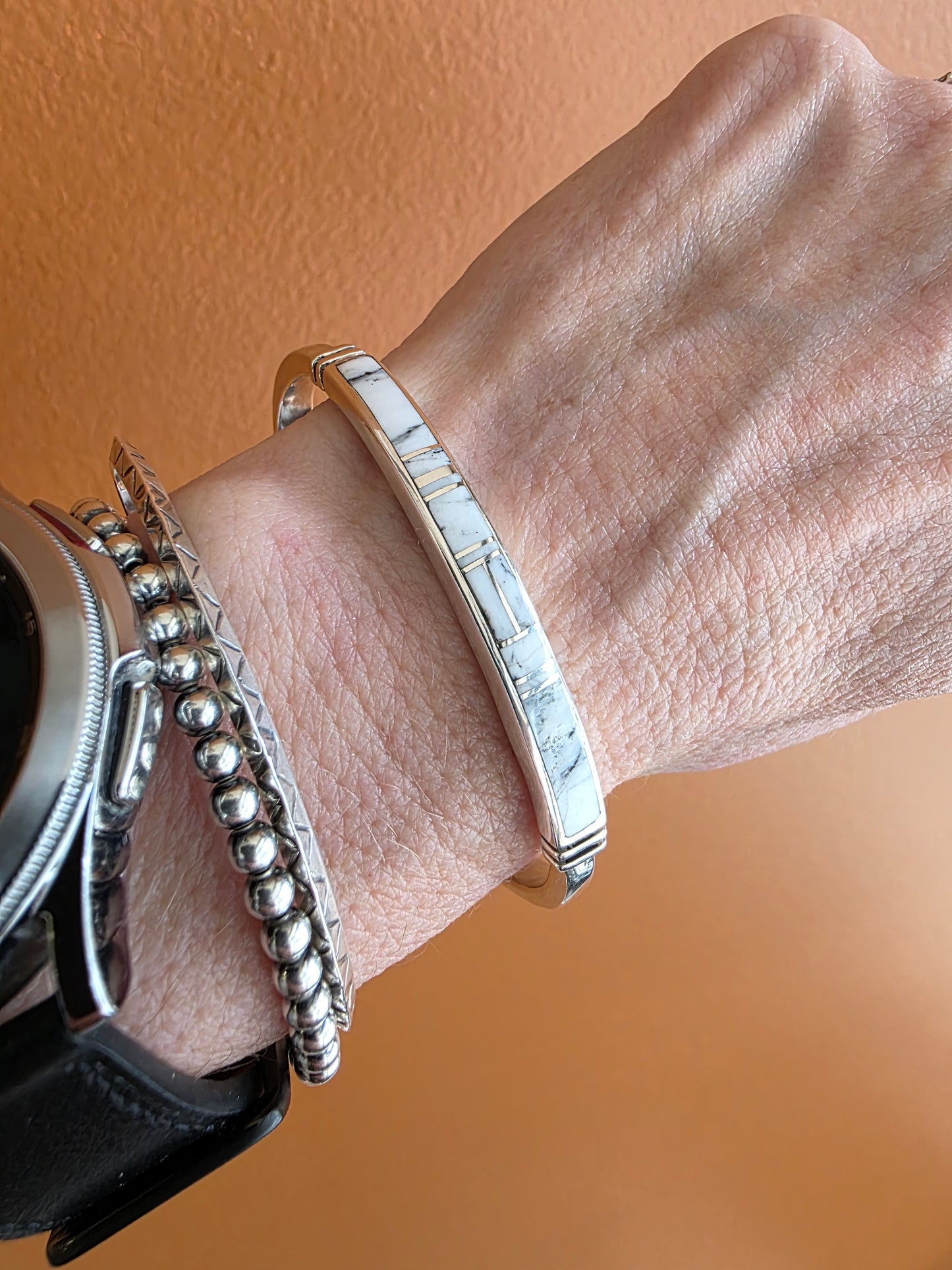 Heavy Comfortable Fit White Buffalo Inlay Cuff Bracelet