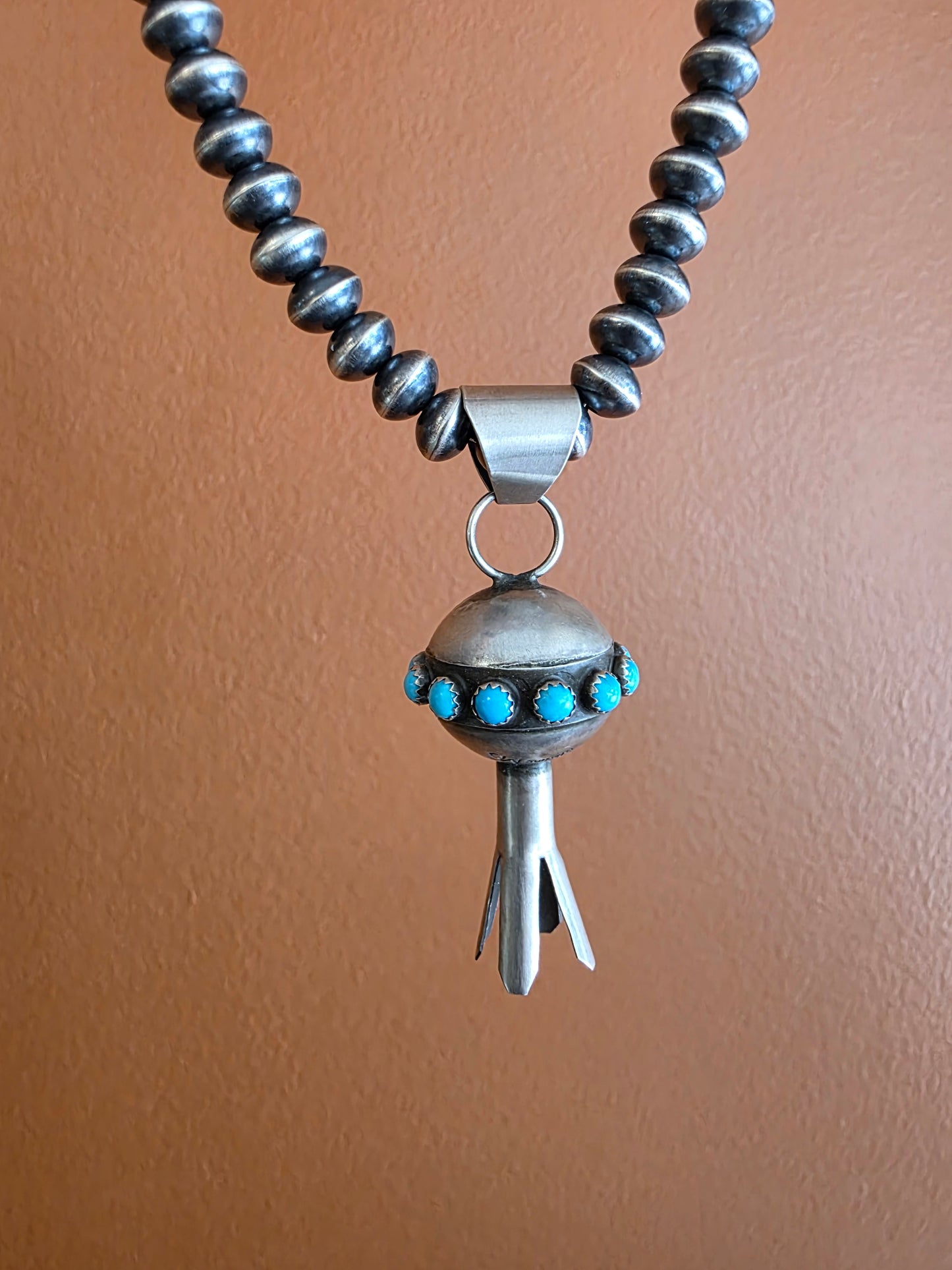 Monica Smith Brushed Sterling Silver Squash Pendant with Turquoise accent