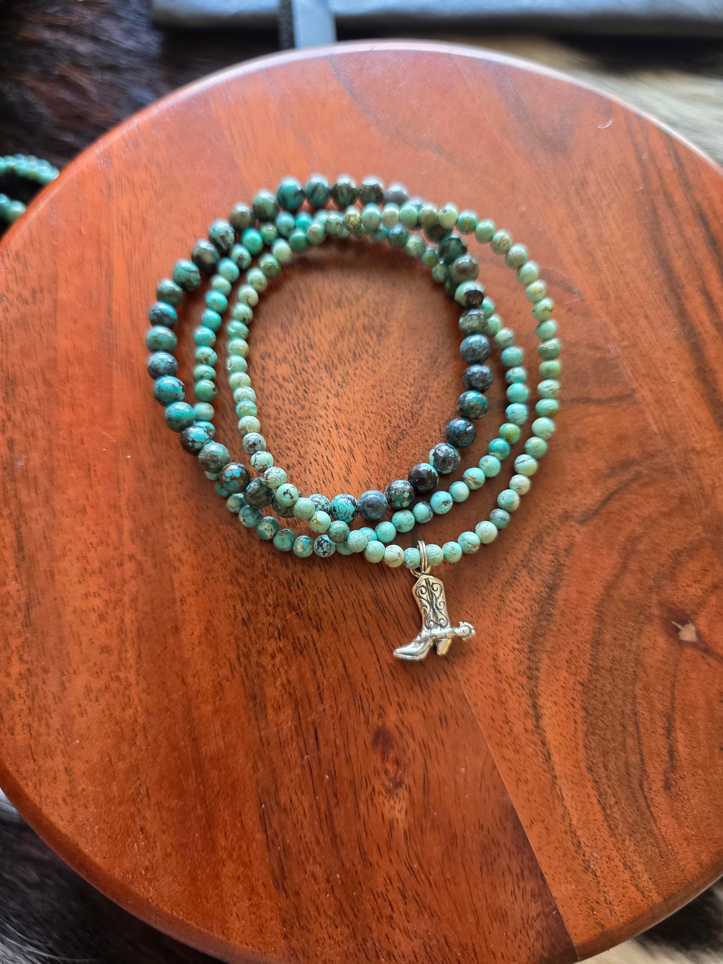 Triple Turquoise Stretch Bracelet with Sterling Cowboy Boot Charm