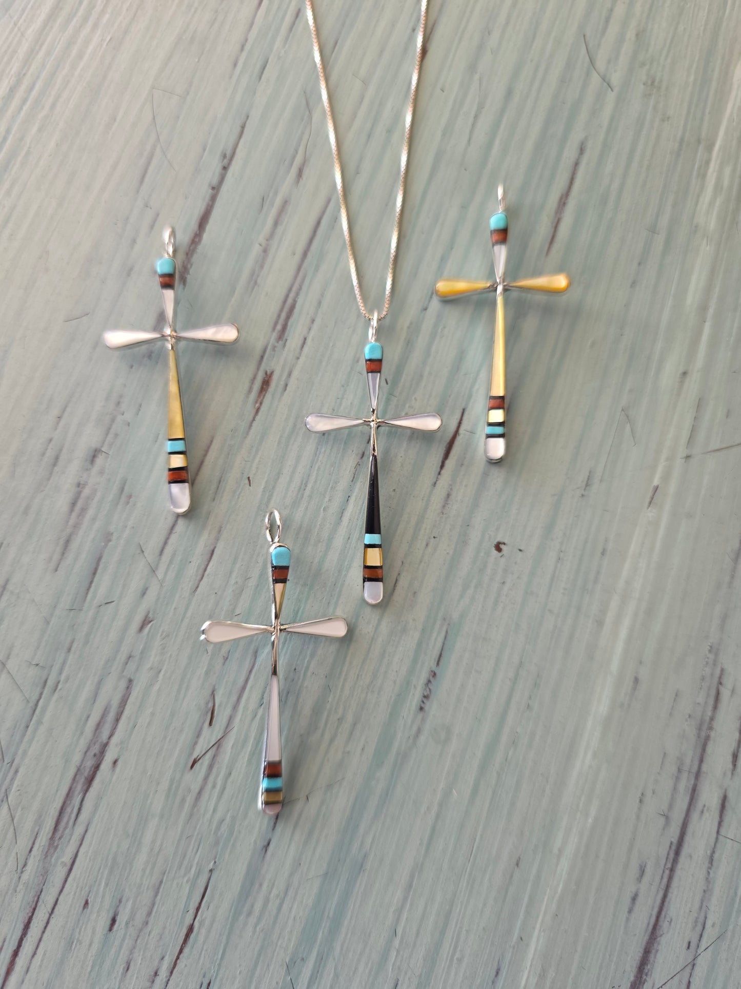 Zuni Turquoise Shell Silver Inlay Cross Pendant Necklace