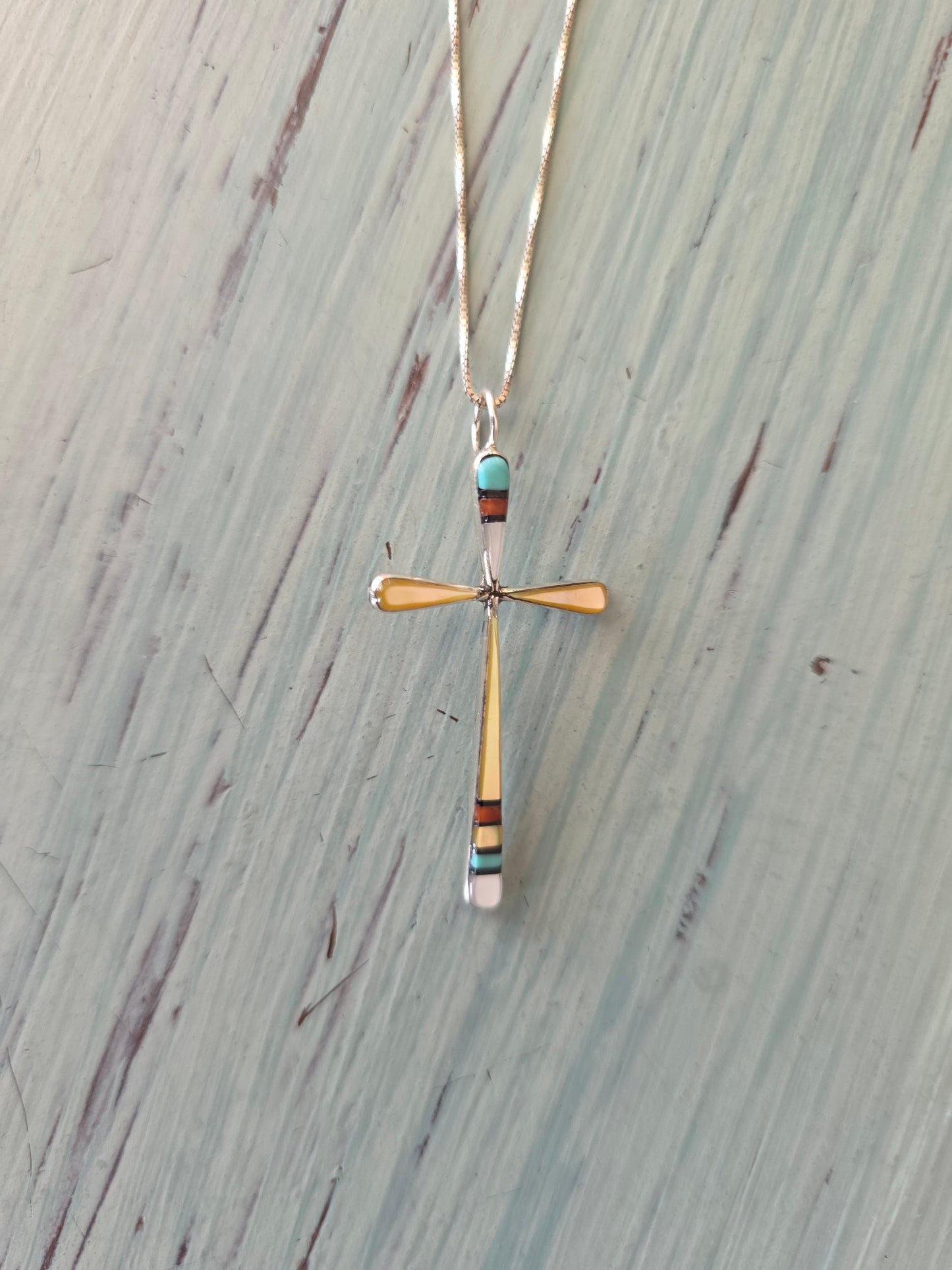 Zuni Turquoise Shell Silver Inlay Cross Pendant Necklace