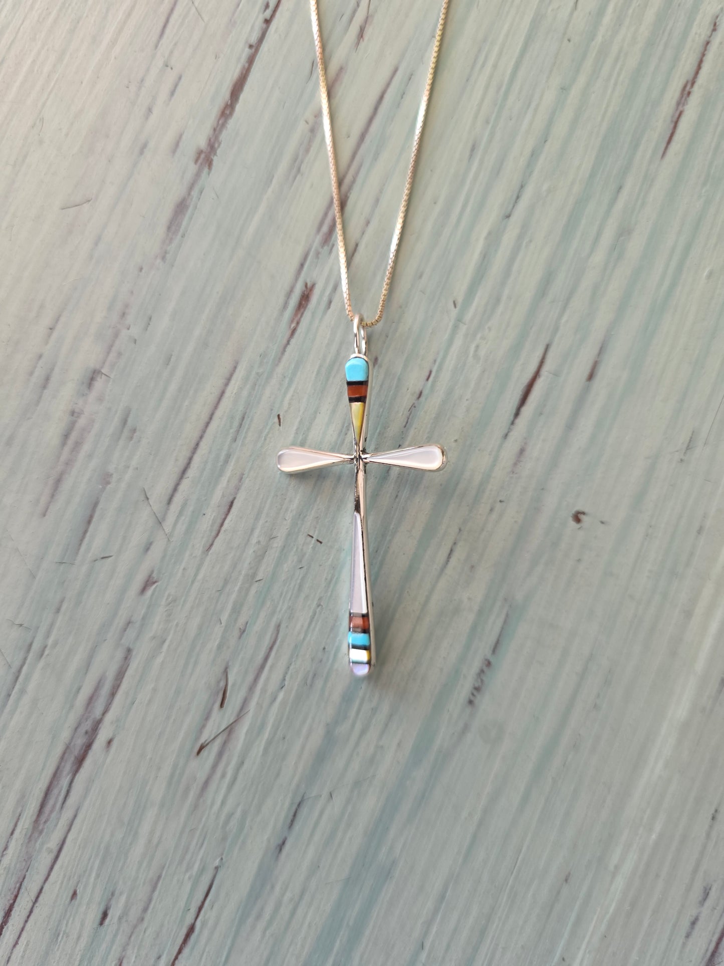 Zuni Turquoise Shell Silver Inlay Cross Pendant Necklace